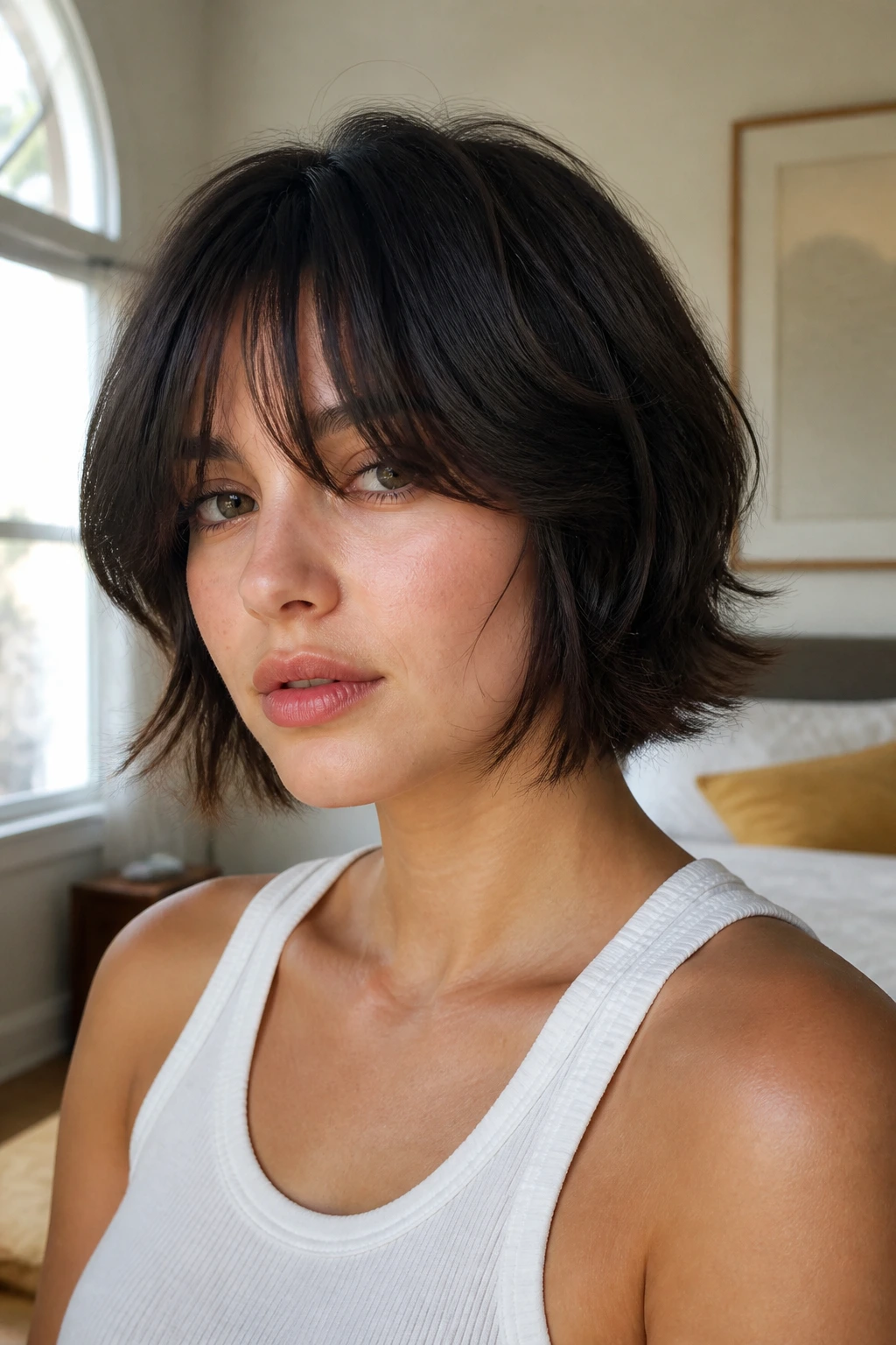 Close-up of a real woman with feathered interior shag and blunt curtain fringe under natural window light.
