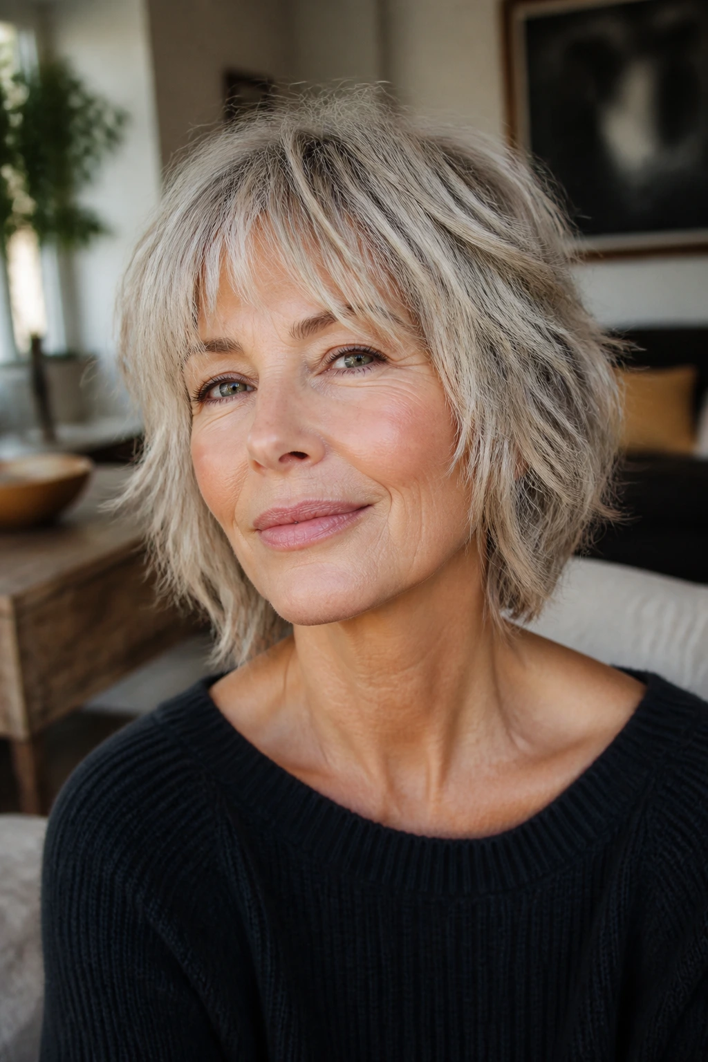 Close-up of a real woman with a feathered shag bob showing texture and movement.