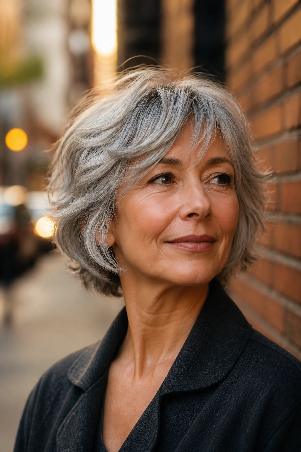 Close-up portrait of a real woman with Feathered Shag Bob on gray hair.