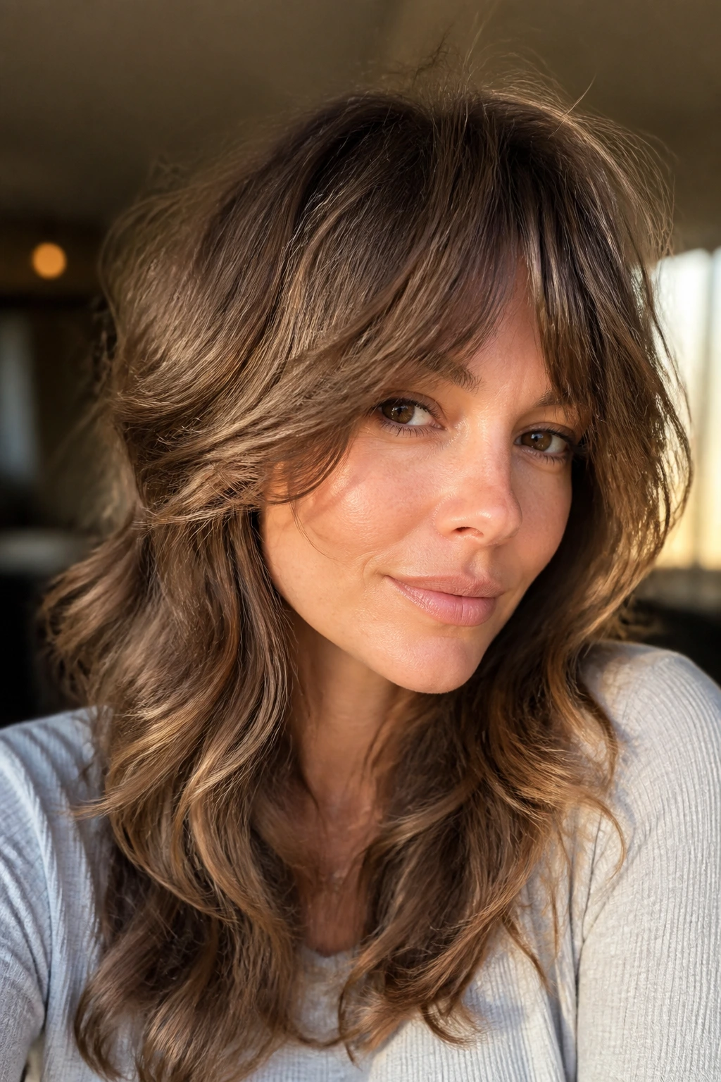 Real woman with feathered shag and cheekbone bangs in window light