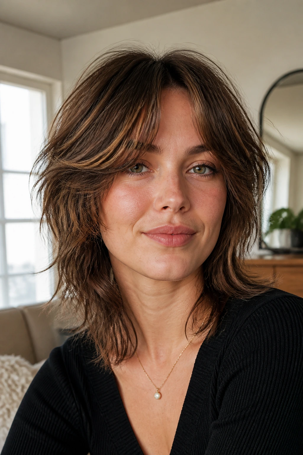 Portrait of a person showing feathered shag with curtain bangs