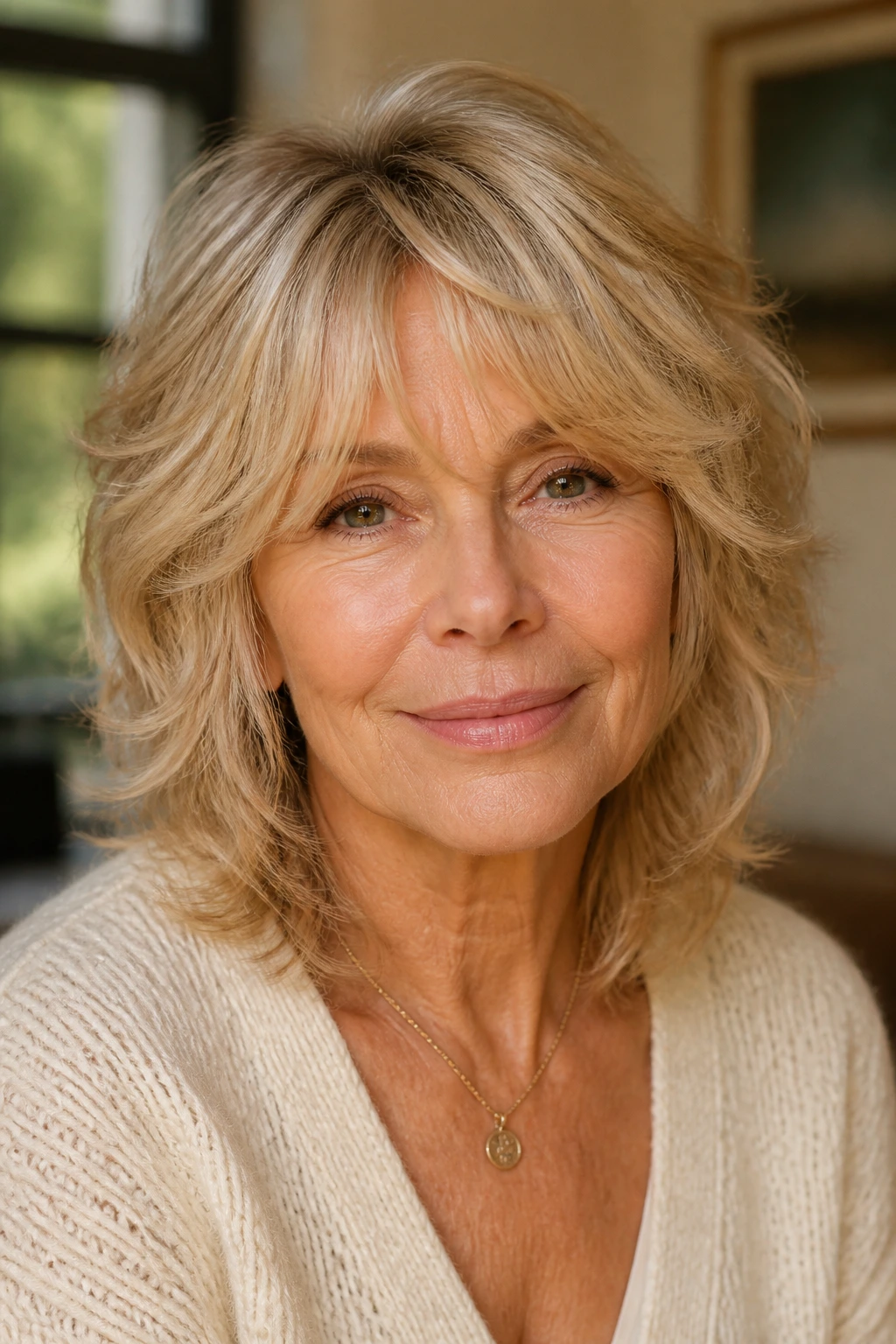 Real woman with feathered shag and curtain bangs in warm natural light
