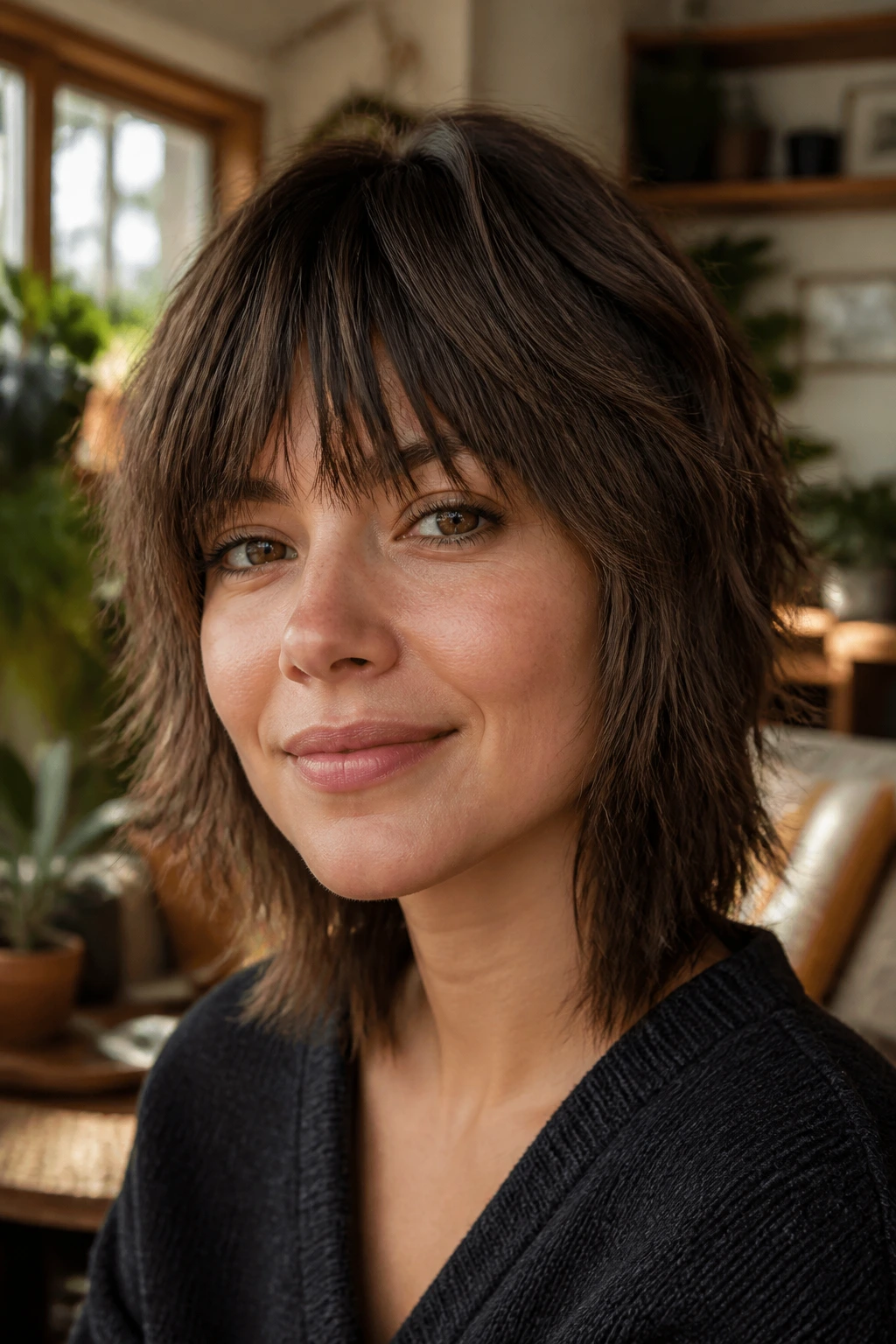 Close-up of a woman with feathered shag fringe in a warm living room setting
