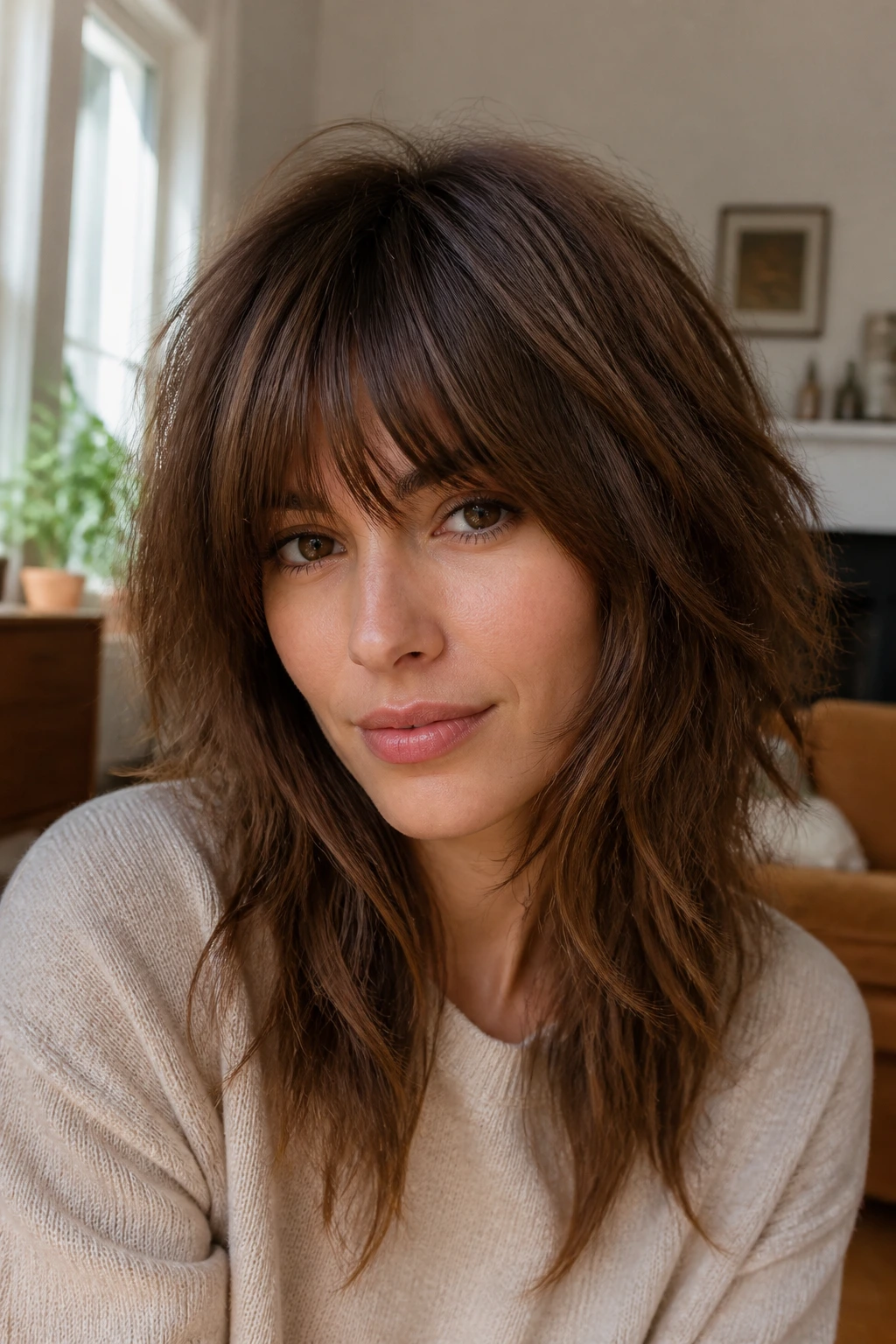 Portrait of a woman with feathered shag and full fringe