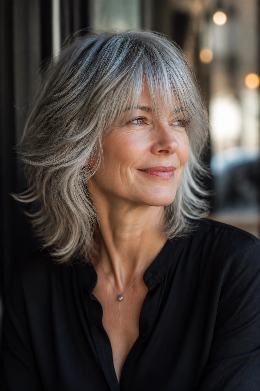 Portrait of woman with gray feathered shag and soft bangs