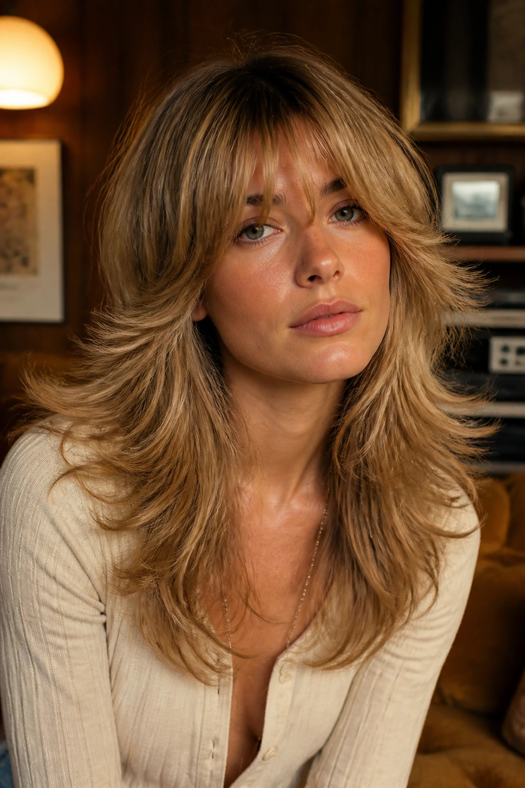 Portrait of a woman with feathered 70s shag showing soft layers and flicked ends.