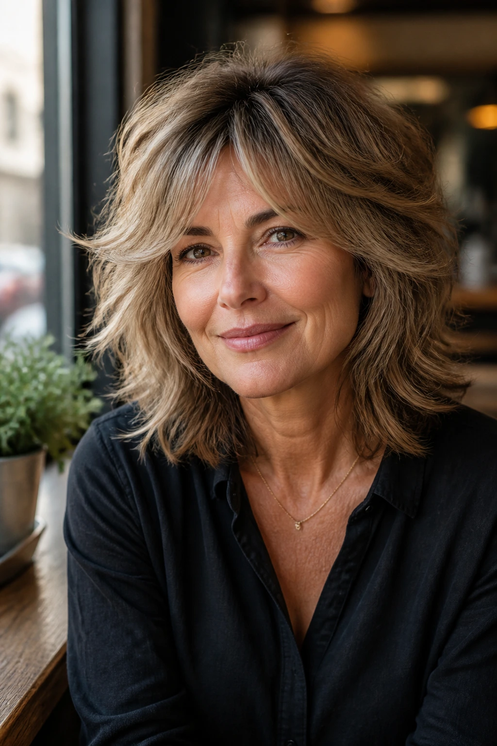 Close-up of a real woman with feathered shag layers adding volume and texture.