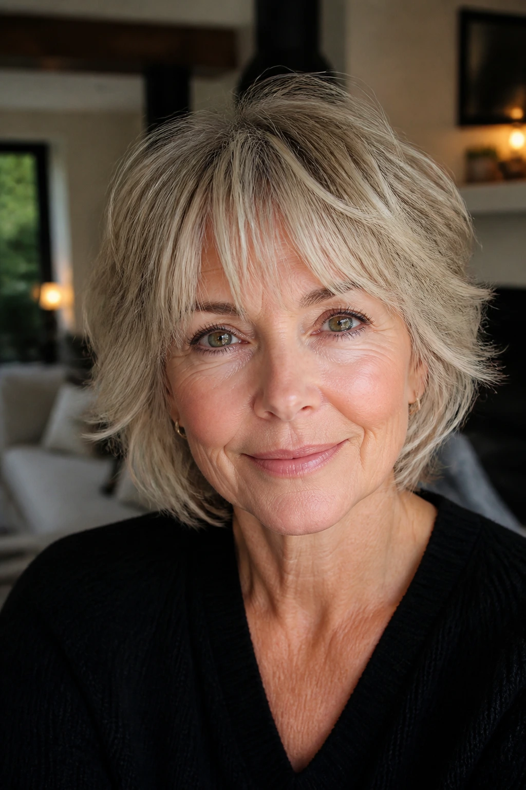 Portrait of a woman with feathered shag lite hairstyle featuring cheek-framing layers and wispy fringe.