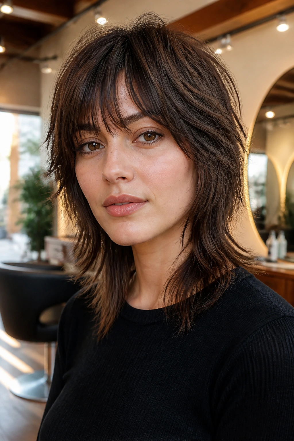 Close-up portrait of a real woman with feathered shag and piecey fringe