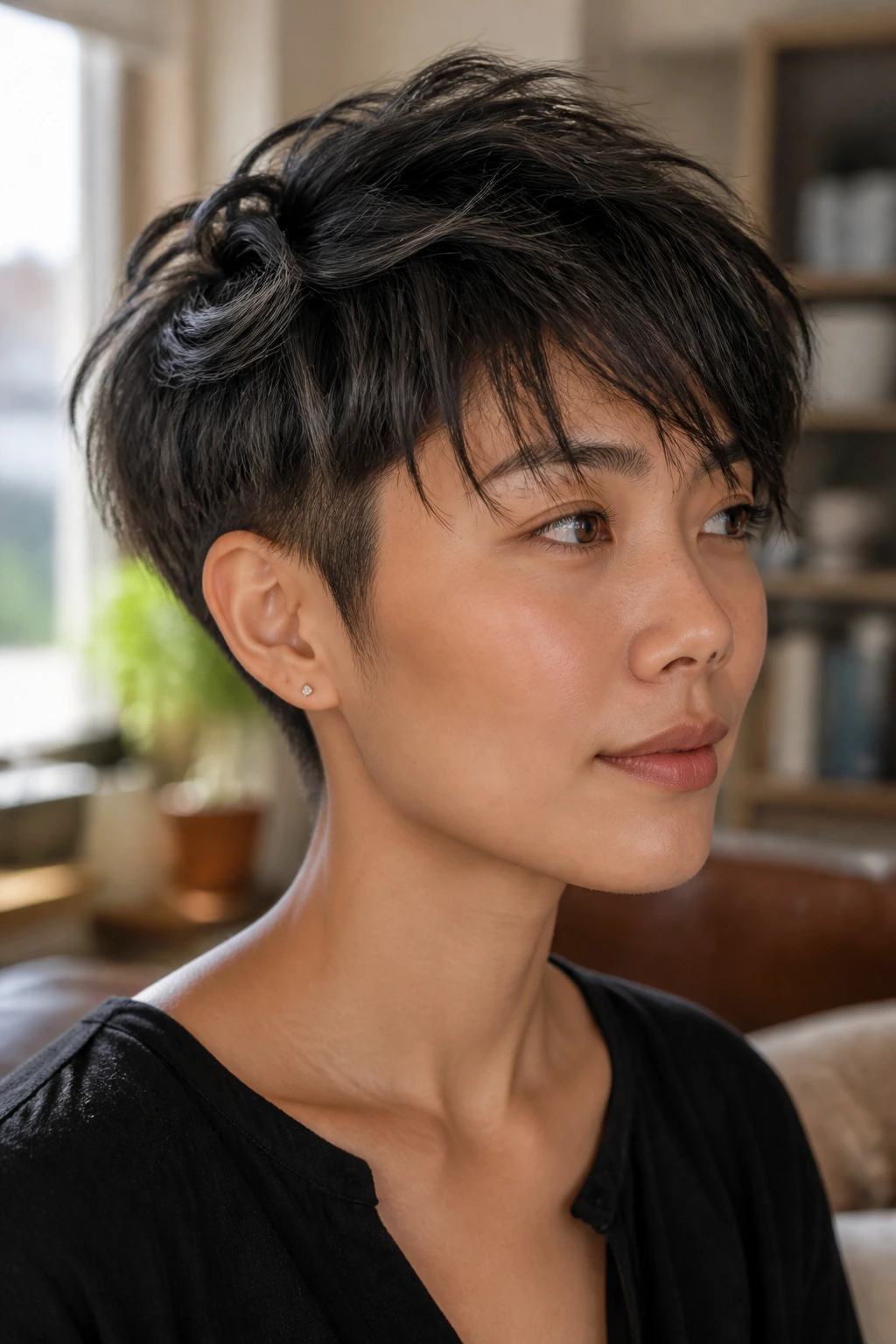 Close-up portrait of a real woman with a feathered shag pixie hairstyle.