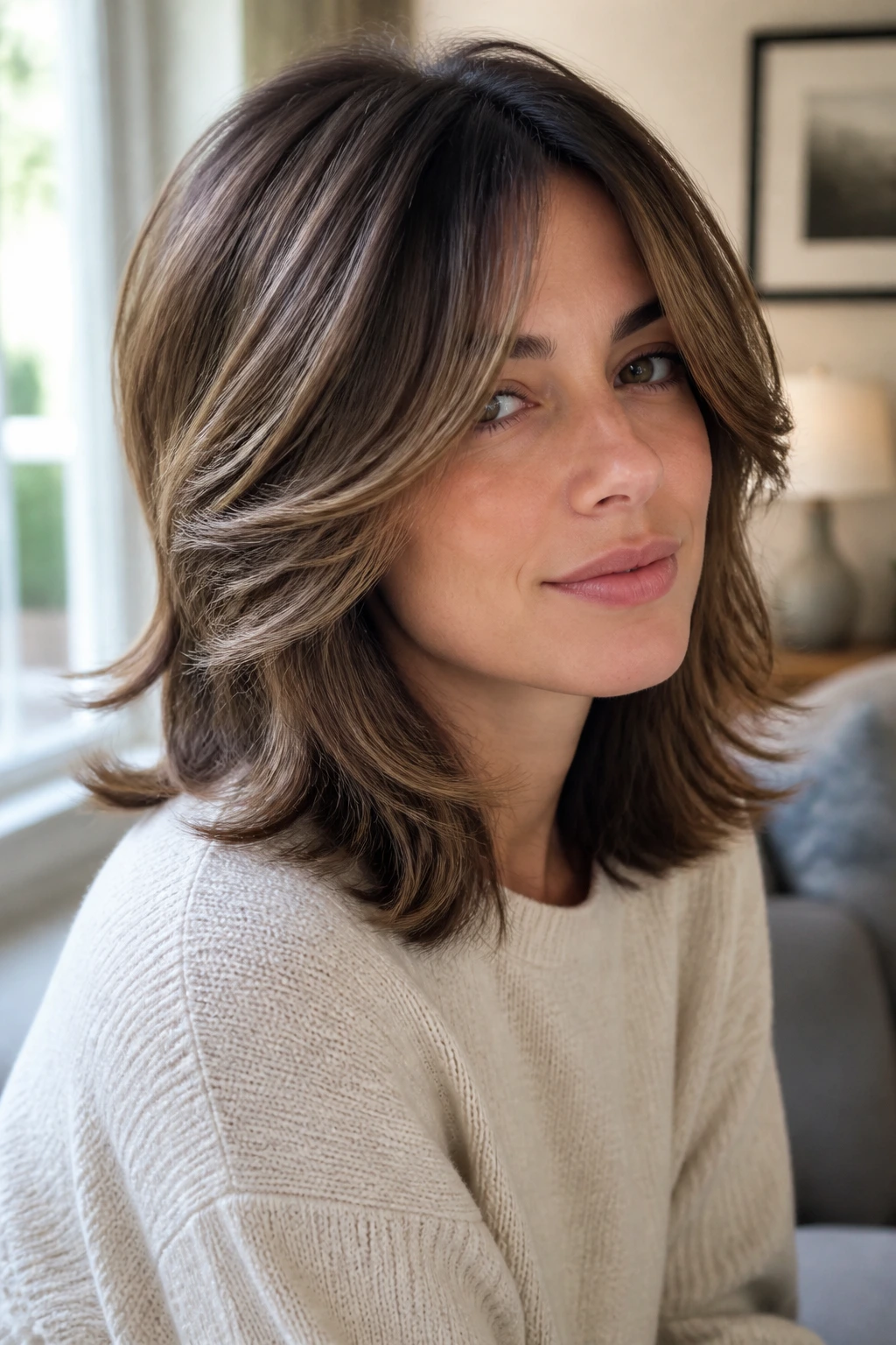 Close-up portrait of a real person with feathered blowout shag