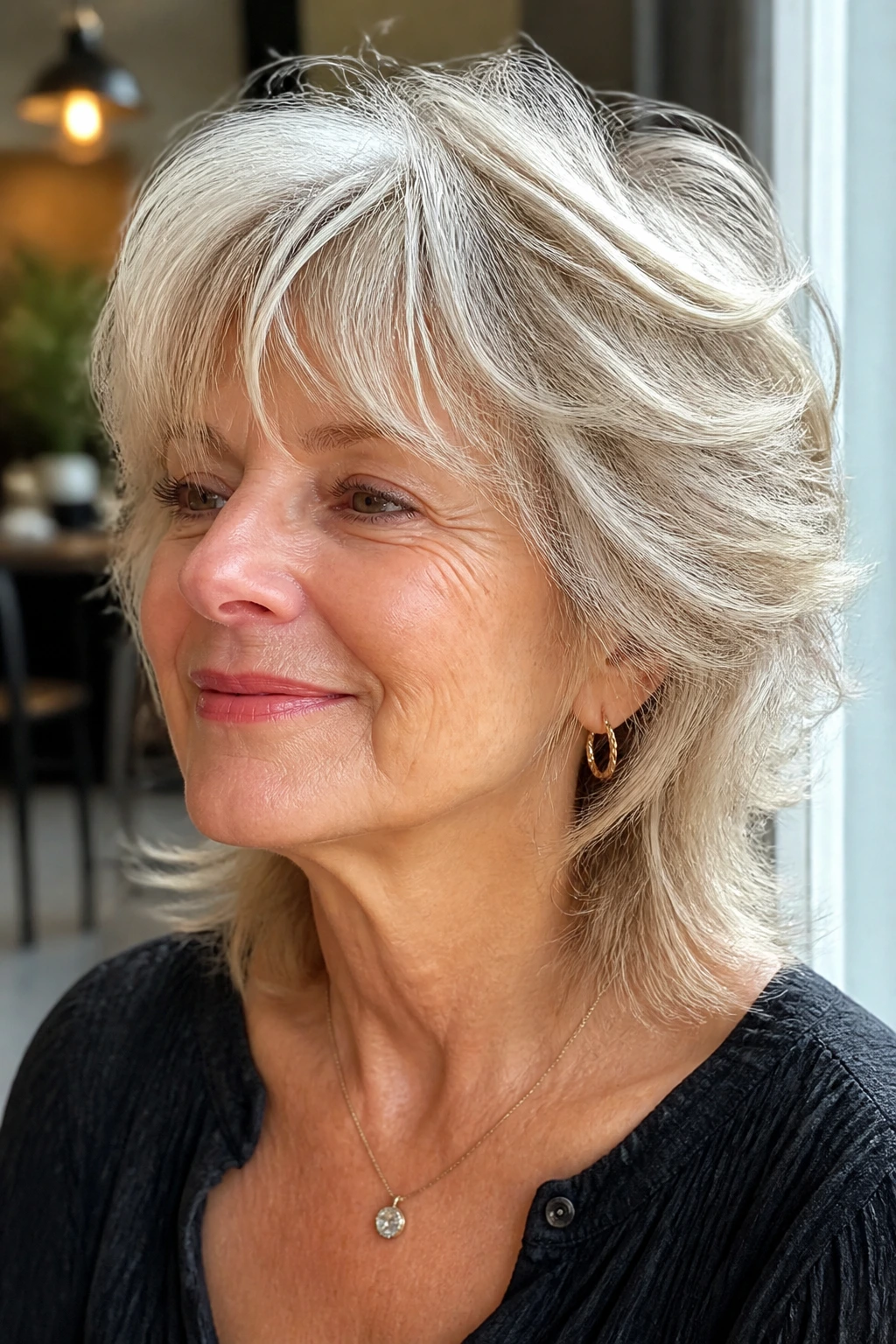 Older woman with feathered shag for fine hair in a sunlit room.