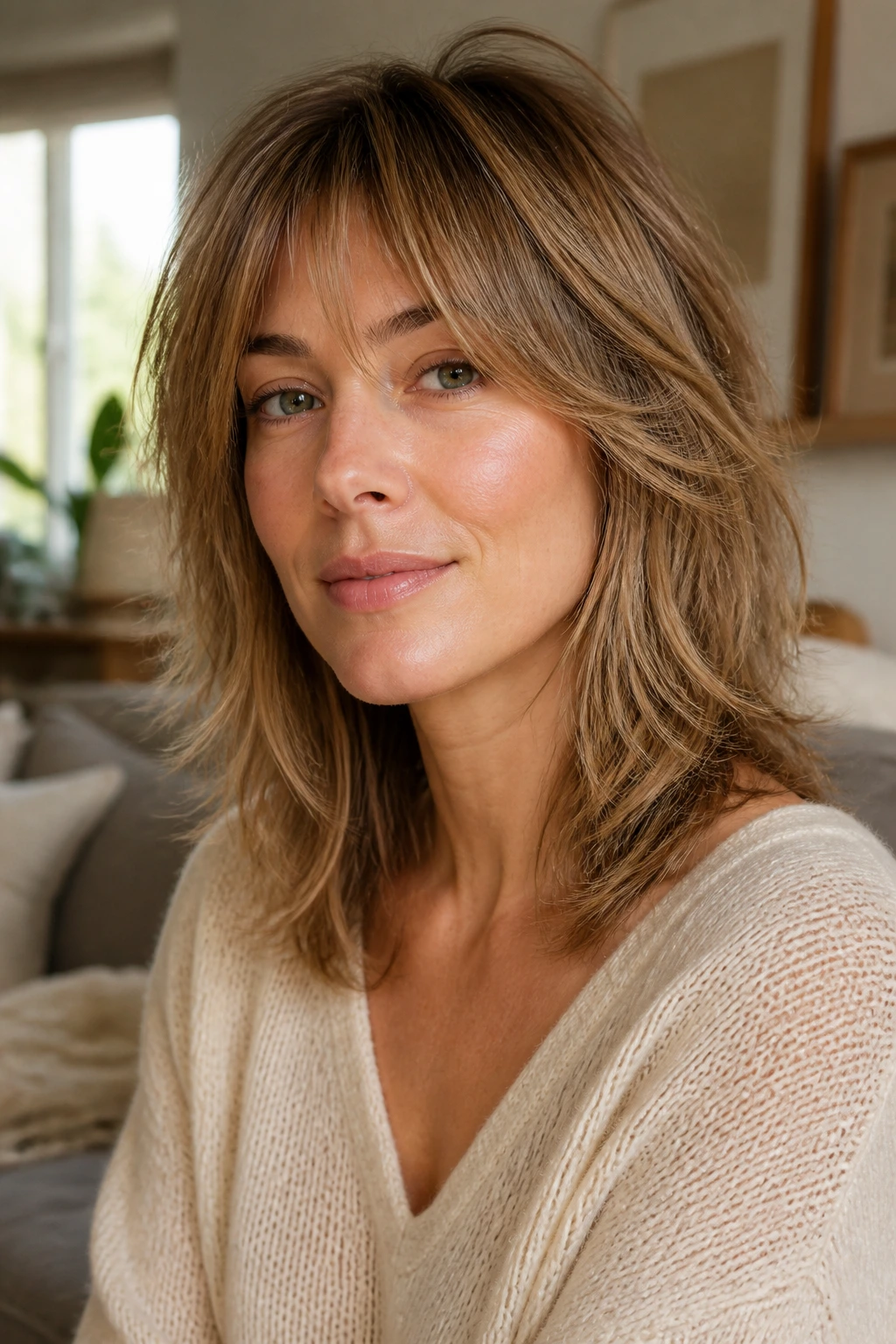 Close-up portrait of a real woman with a feathered shag for fine hair and soft layers
