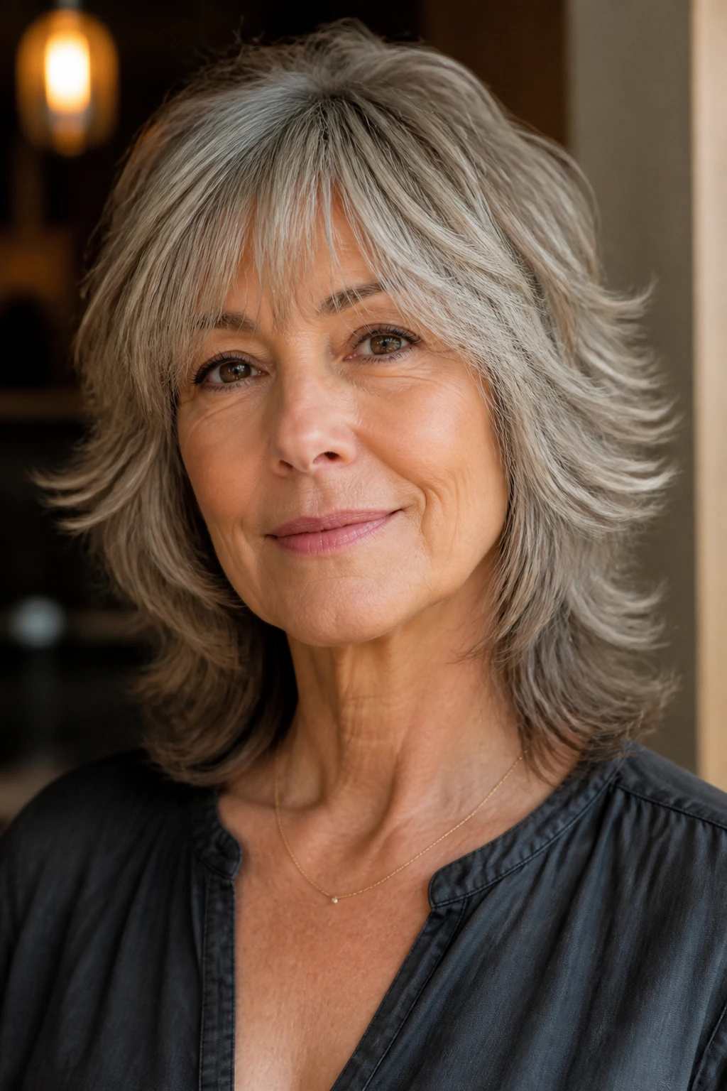 Close-up of a real woman wearing a feathered shag with face-framing layers and soft fringe.