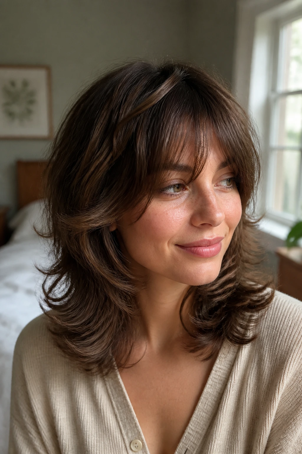 Close-up portrait of a real woman with a feathered shag and rounded perimeter