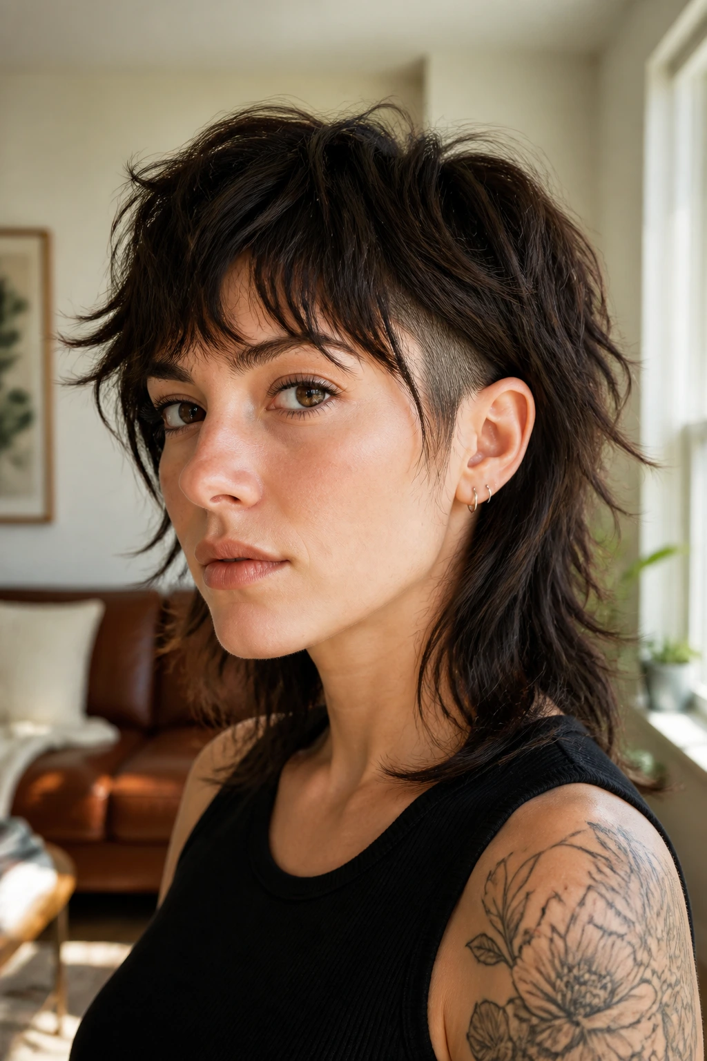Portrait of a woman with feathered shag and temple slice.