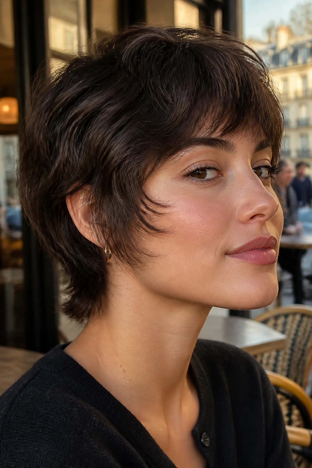 Close-up of a real woman with feathered temple shag in soft outdoor light.