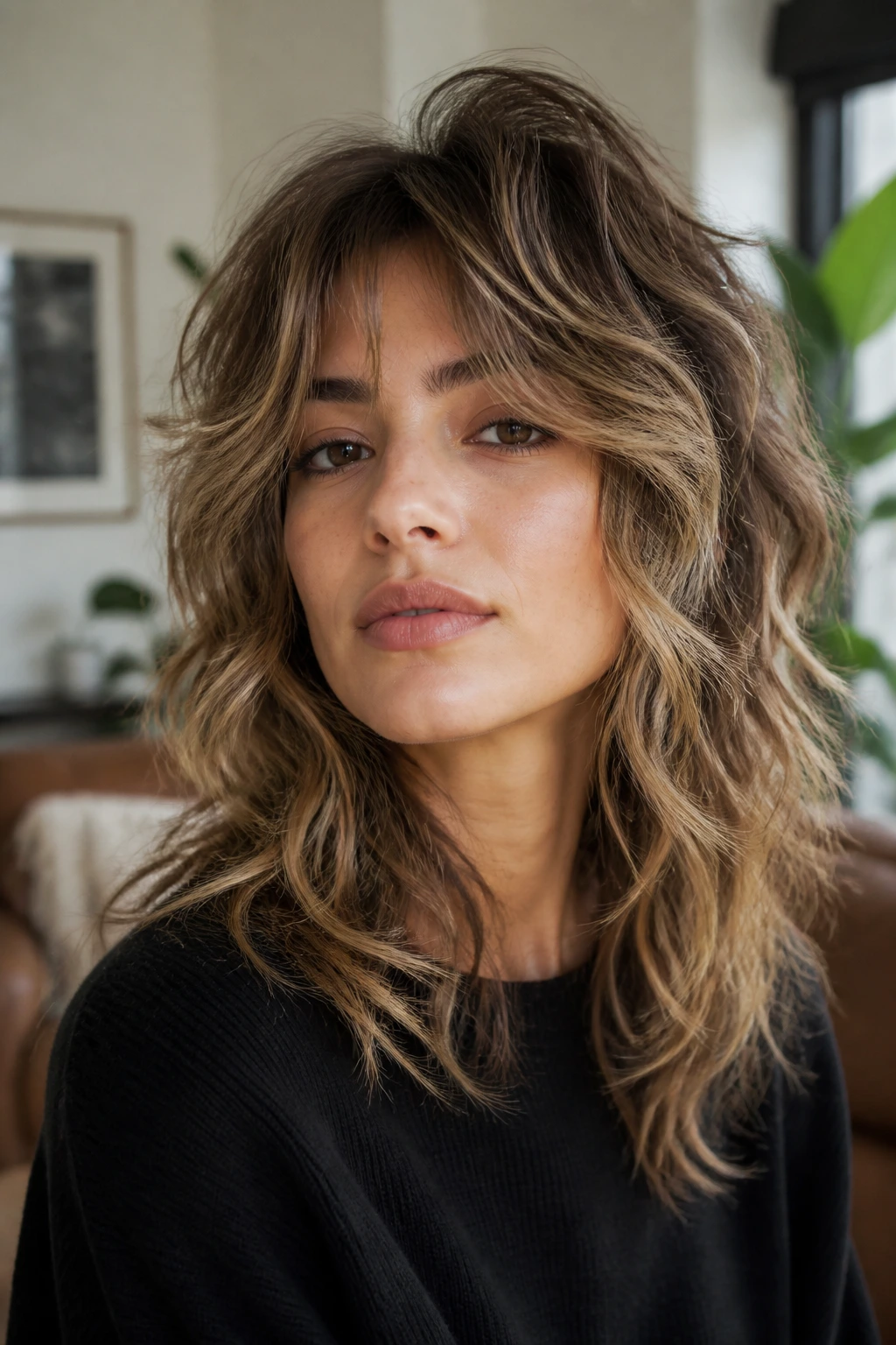 Close-up of a real woman with feathered shag waves and crown lift in natural light.