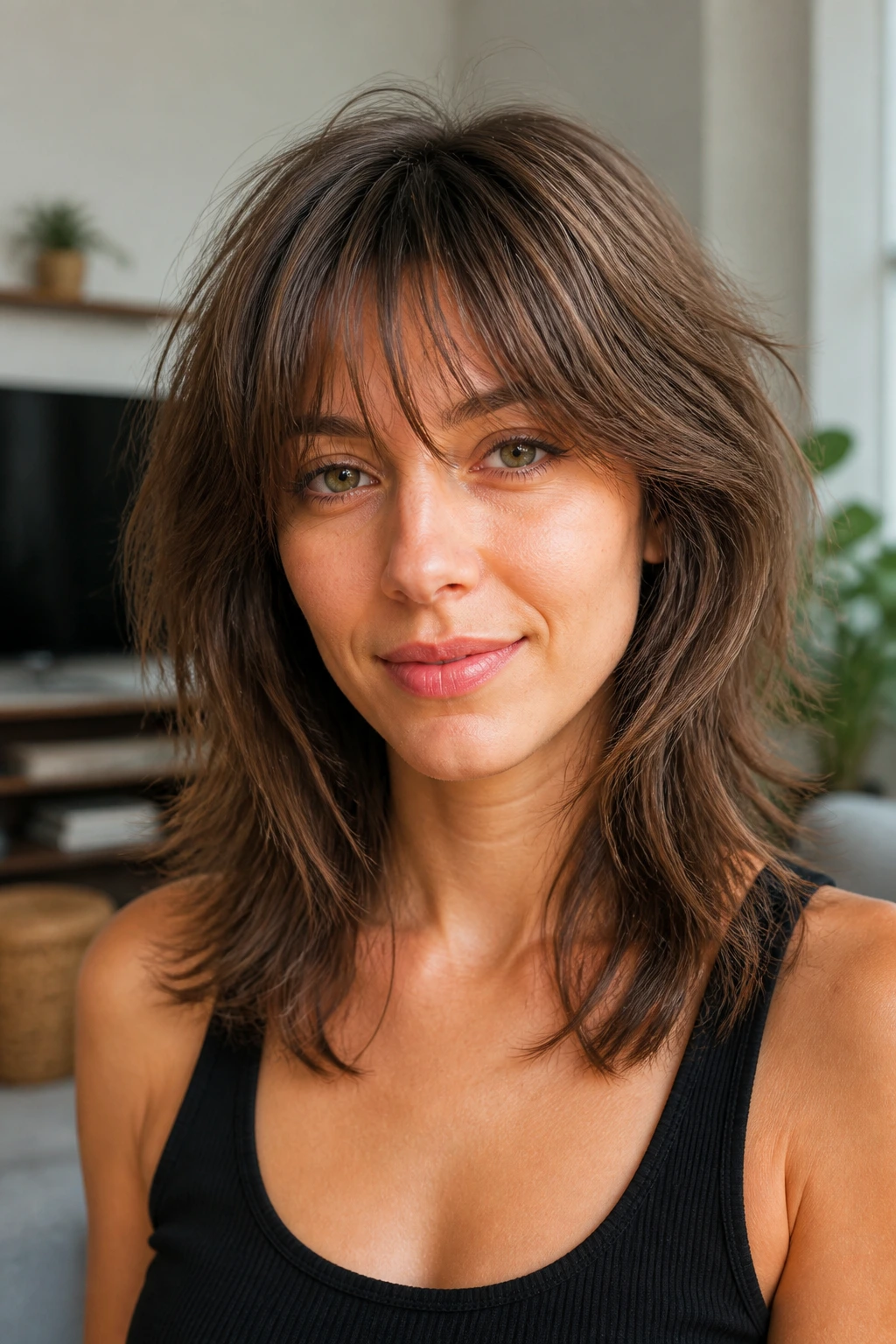 Close-up portrait of real woman with feathered shag and wispy fringe in a living room setting