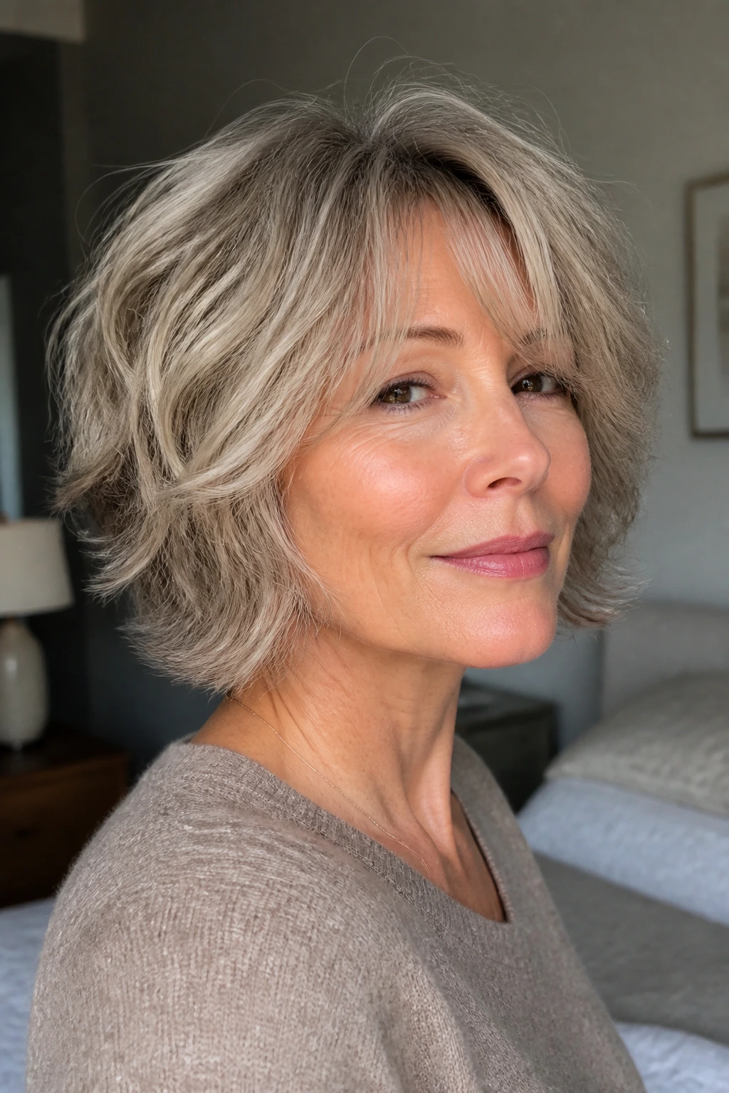 Close-up portrait of a woman with feathered shaggy bob in warm window light