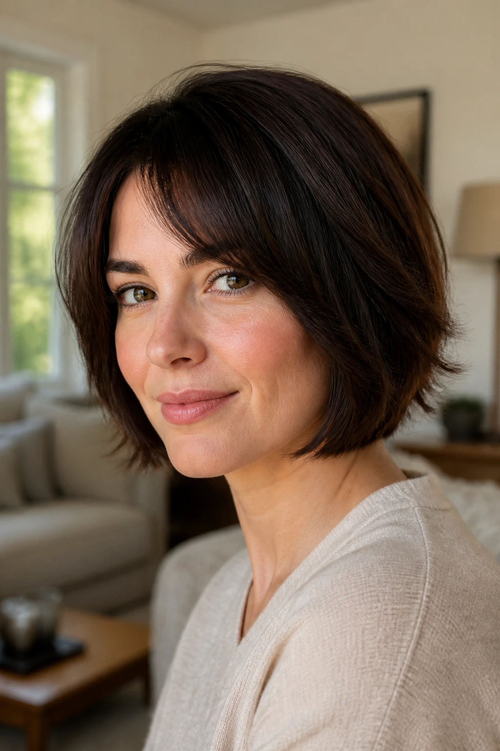 Close-up portrait of a real woman with a feathered short bob