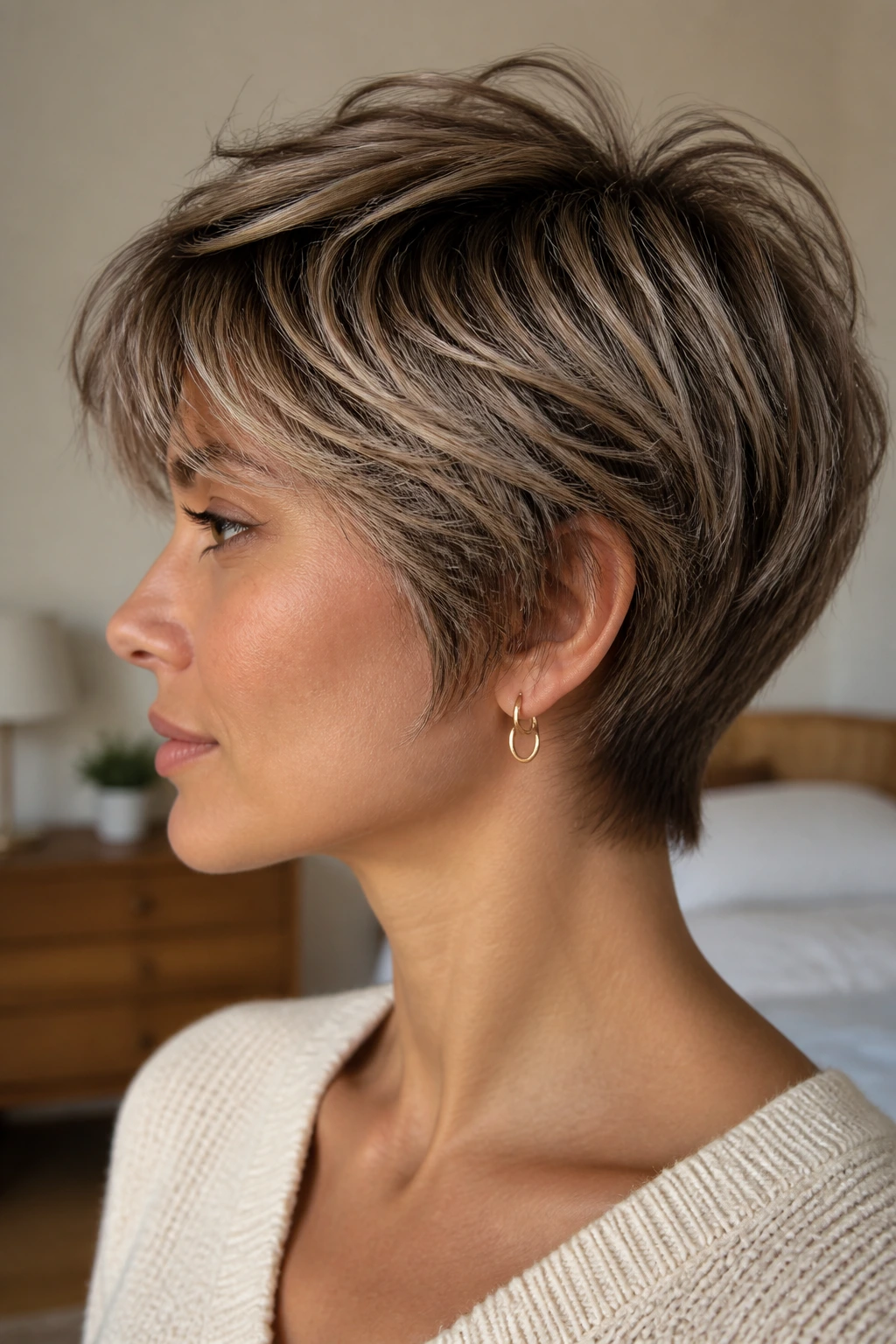 Close-up portrait of a real person with a feathered short cut