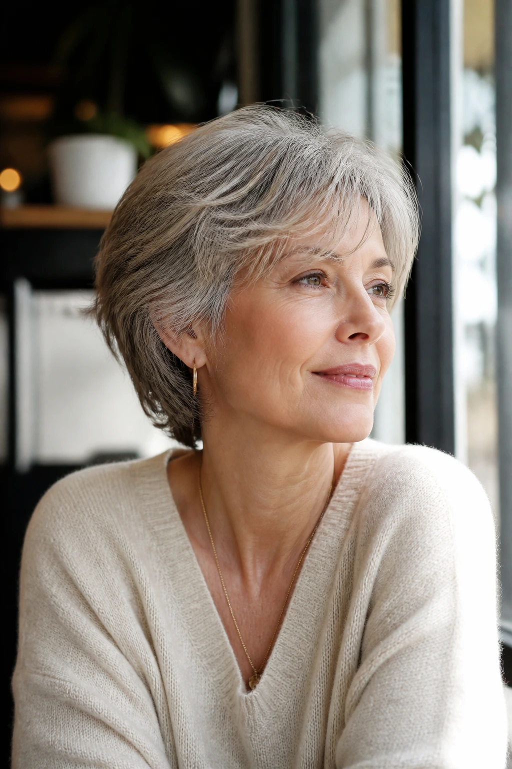 Woman with feathered short hair wearing it softly in a cafe window setting
