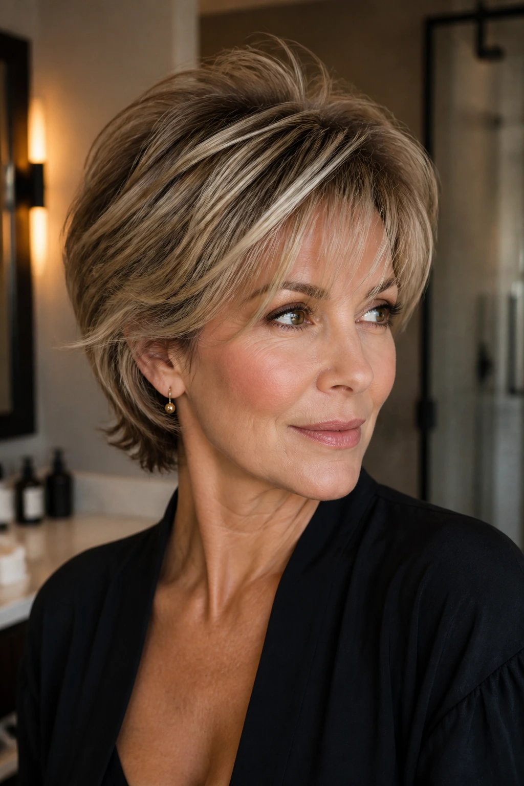 Close-up portrait of a real woman with feathered short hair showing lift at the crown