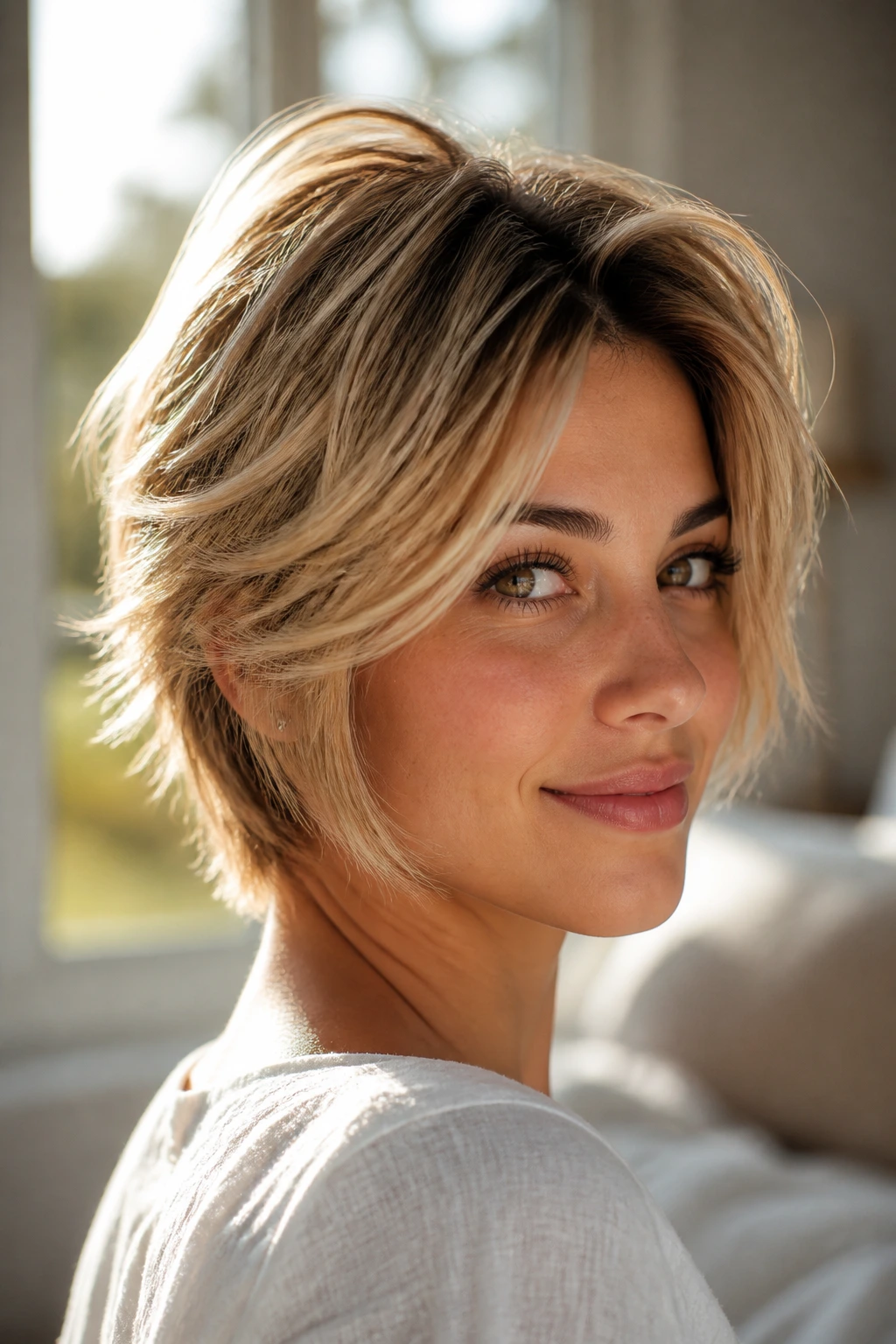 Close-up of real woman with short feathered hair showing lifted crown and moving ends in a sunlit bedroom