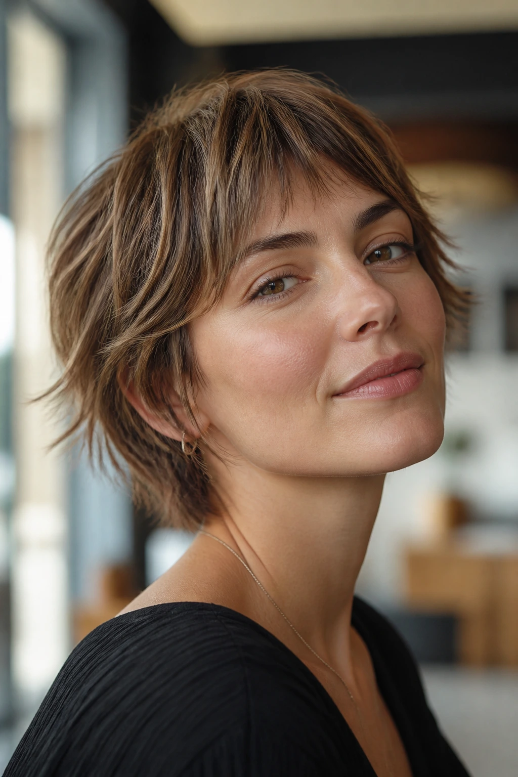 Portrait of real person with feathered short hair, movement visible in layered perimeter around jaw and crown.