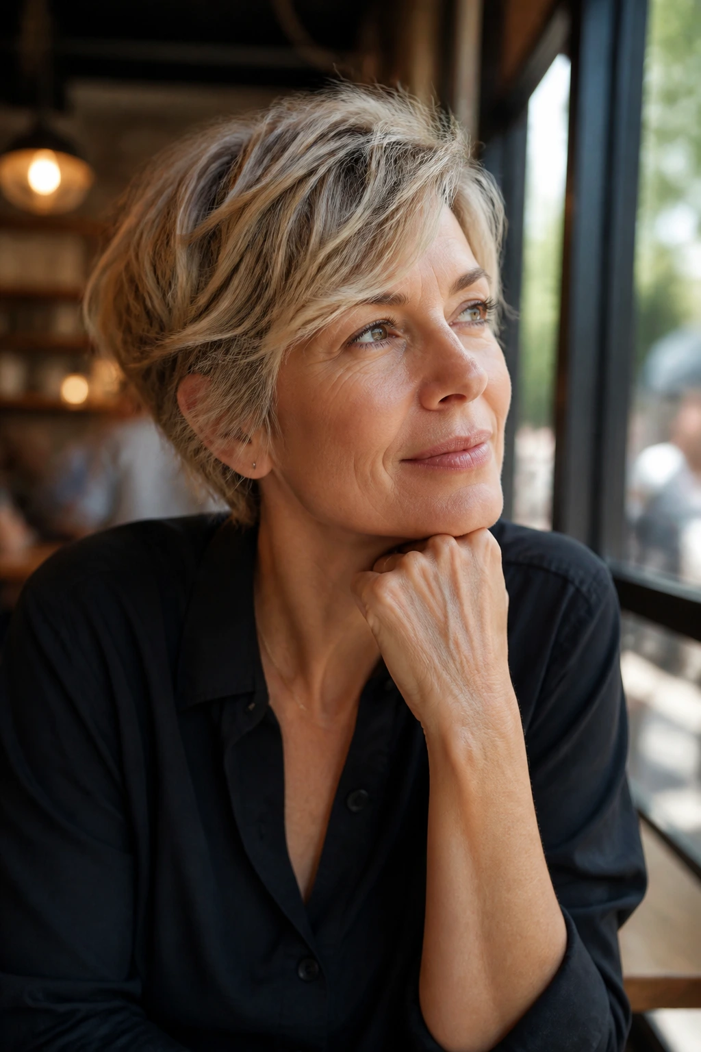 Thoughtful woman with feathered short hair in a cafe window seat