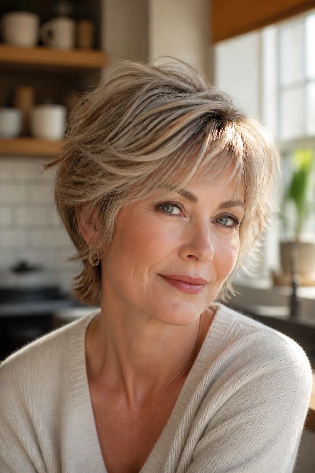 Close-up portrait of a real woman with feathered short hair in a cozy kitchen with natural light