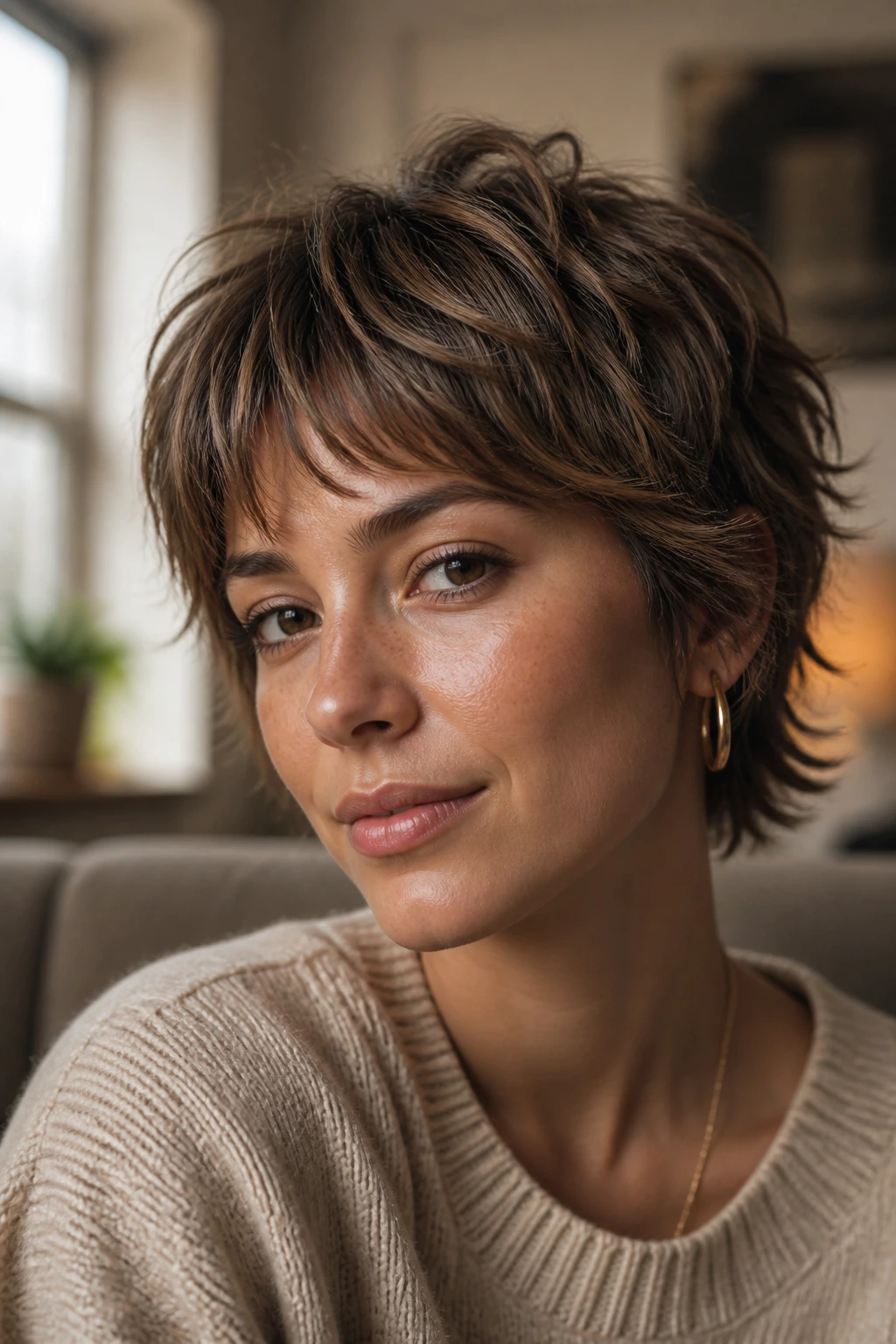 Close-up portrait of a real person with feathered short hairstyle showing softness and texture