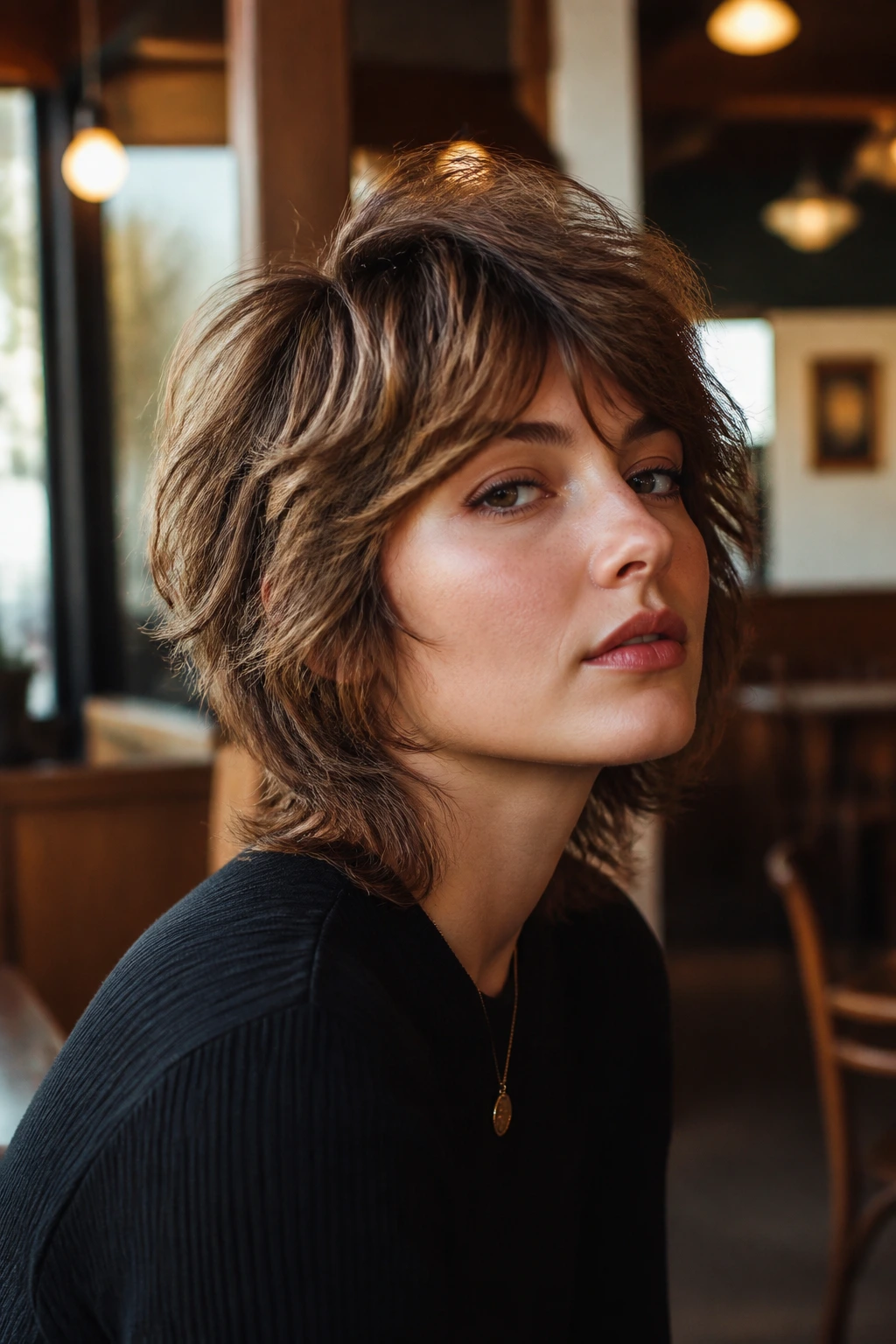 Close-up portrait of a real person with feathered 70s short shag in warm cafe light