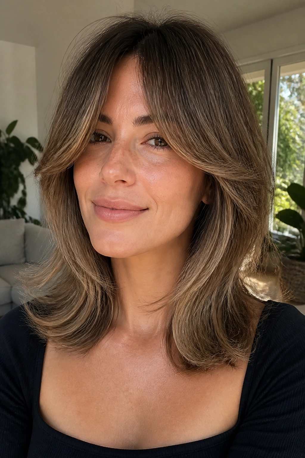 Woman with feathered shoulder cut and curtain bangs in natural daylight