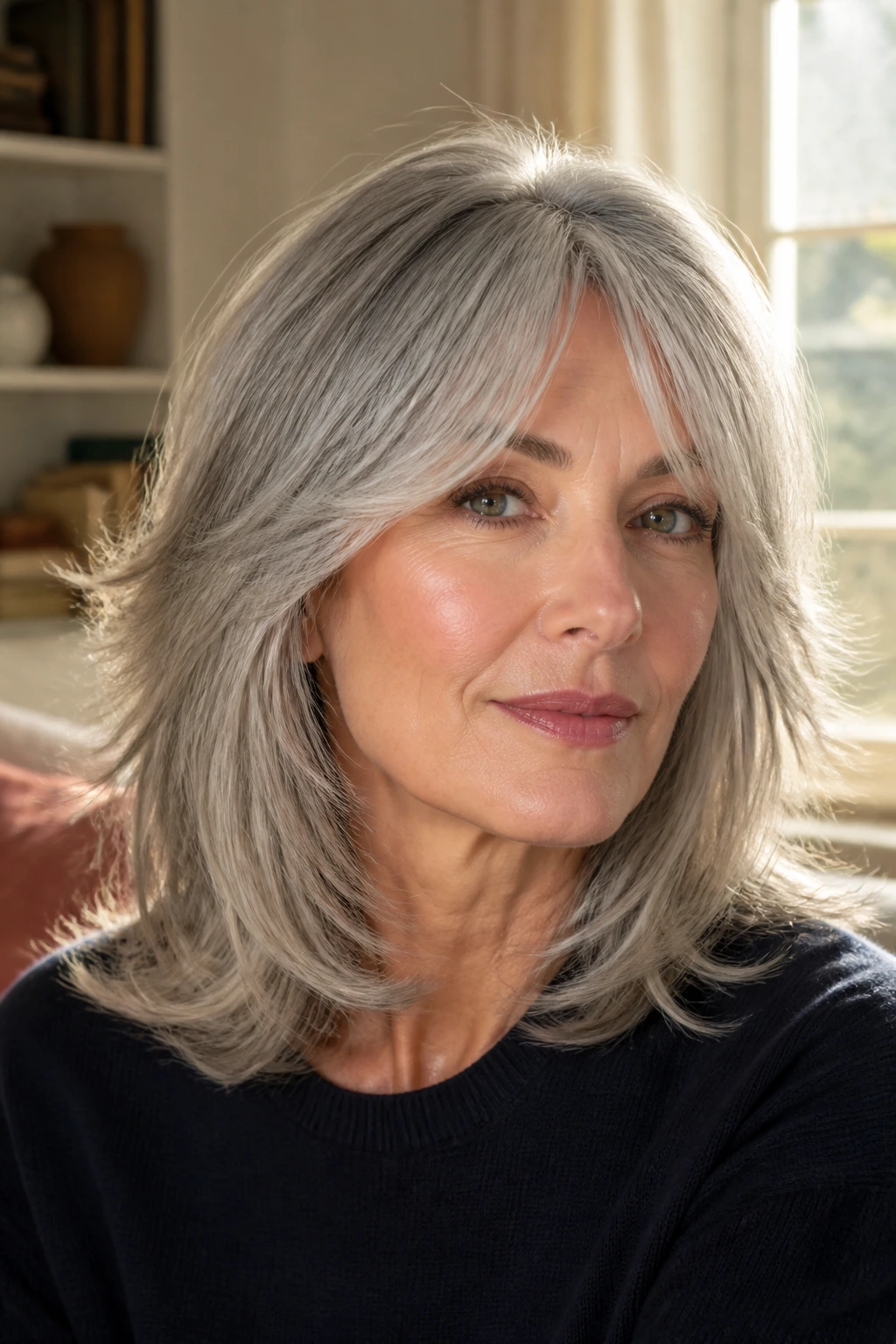 Real woman portrait with feathered shoulder cut and curtain fringe