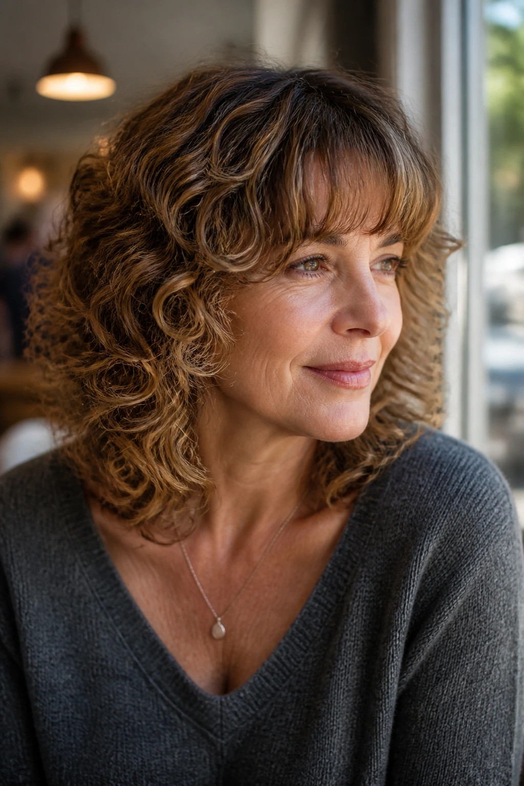 Close-up portrait of a real woman with feathered shoulder cut and soft bangs.