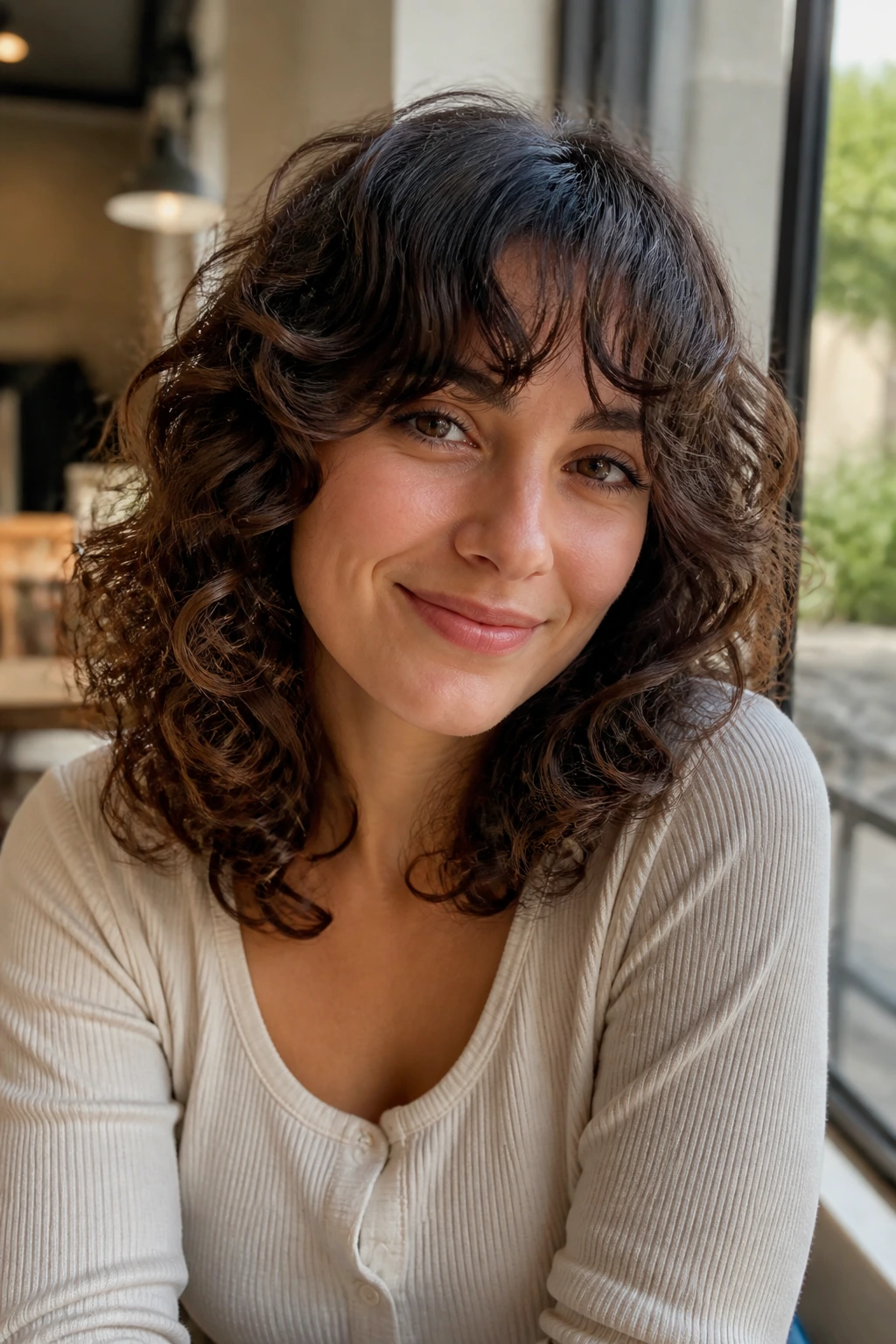 Close-up of a real woman with feathered shoulder-length curls and face-framing bangs