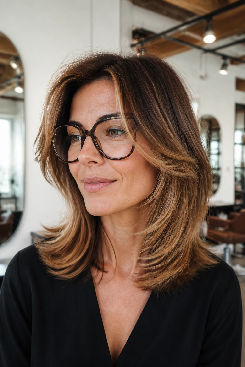 Portrait of a real woman with feathered shoulder-length hair and glasses in a sunny salon.