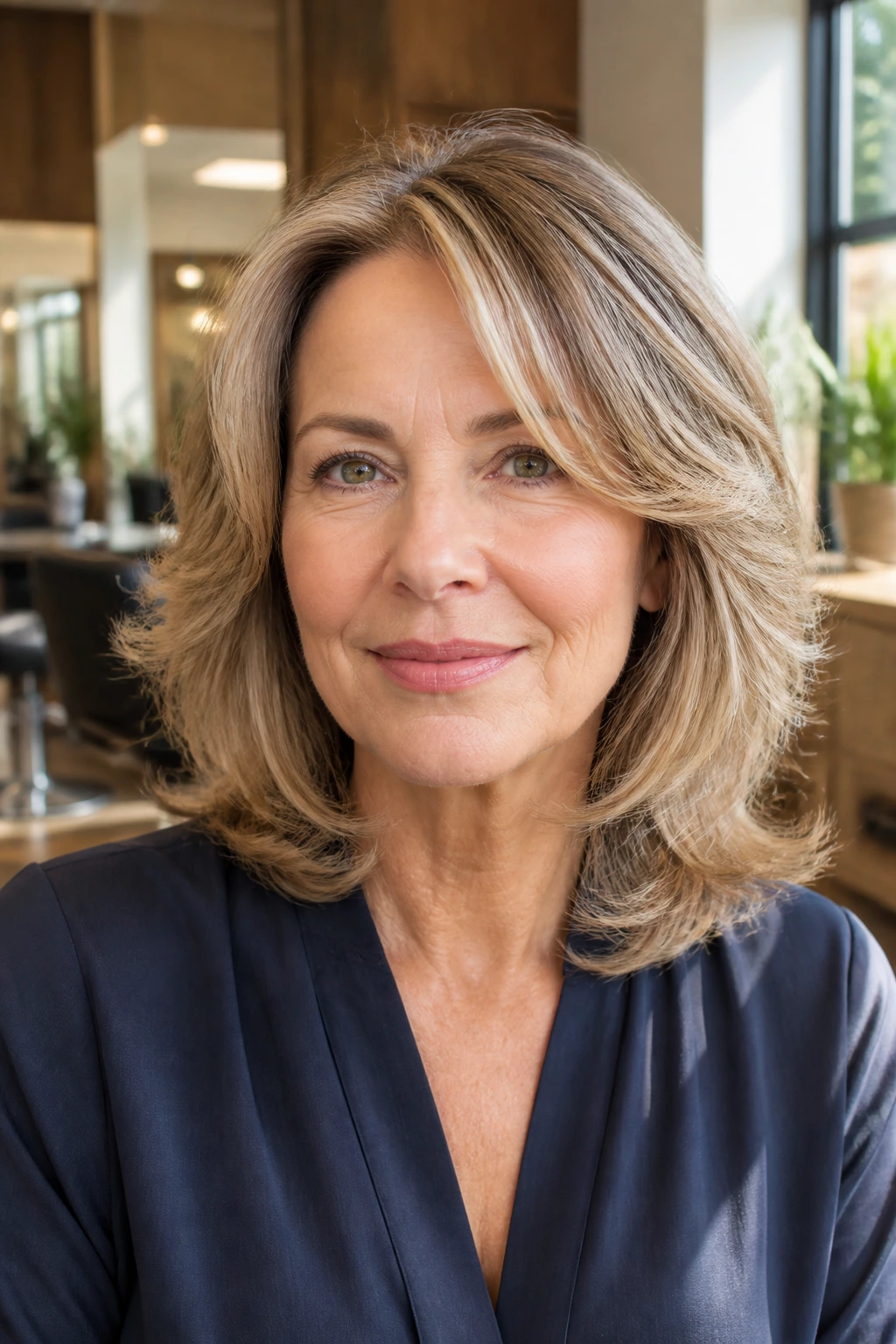 Close-up of a real woman with a feathered shoulder-cut hairstyle in a warm salon setting