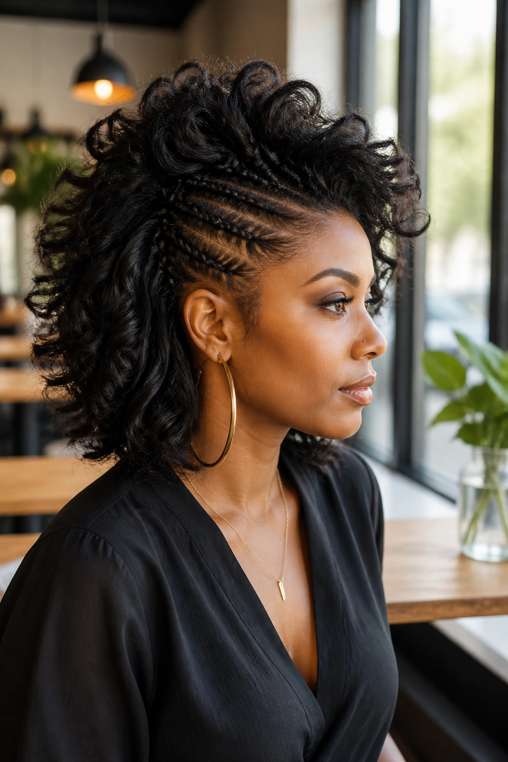 Close-up portrait of a real woman with a shoulder-length feathered faux hawk in a sunlit cafe