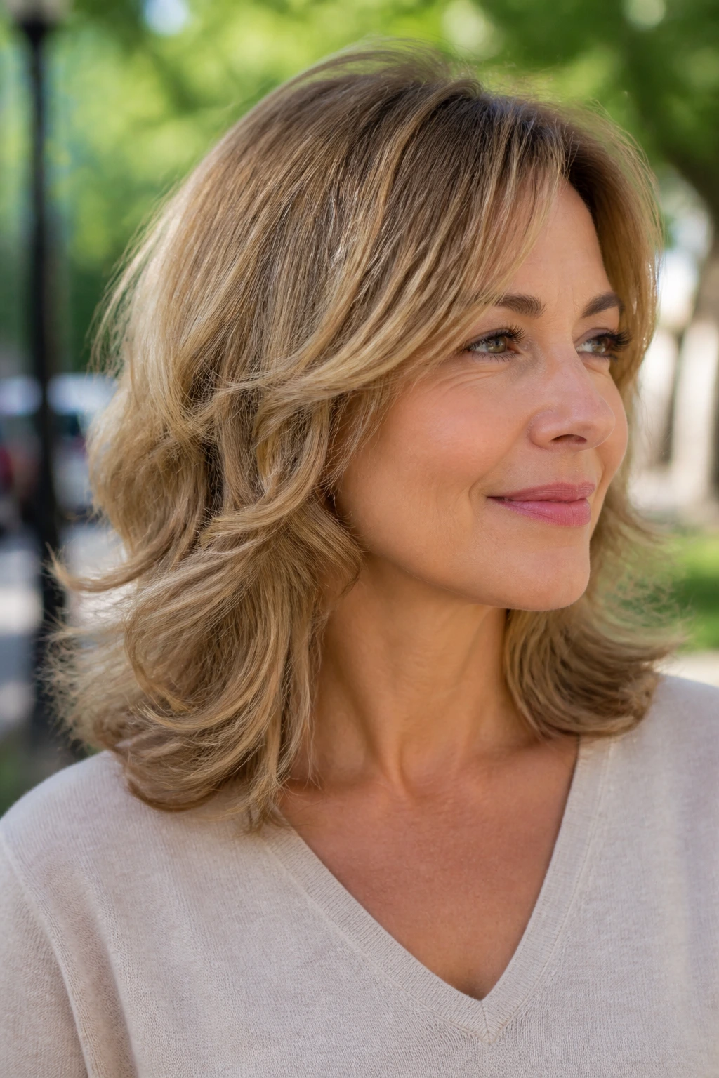 Portrait of a woman with feathered shoulder-length layers and airy ends