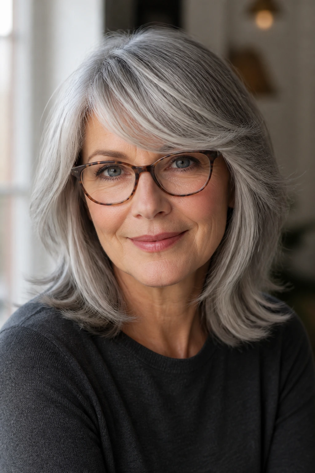 Portrait of a woman with feathered shoulder-length gray hair and side-swept bangs