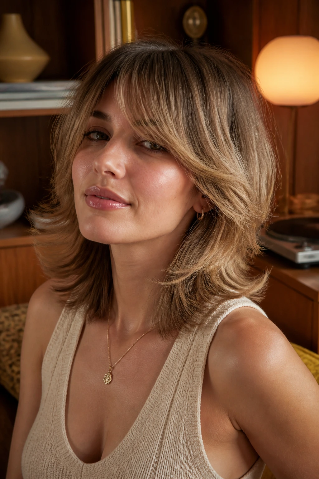 Close-up of feathered shoulder shag with 70s movement on a real person