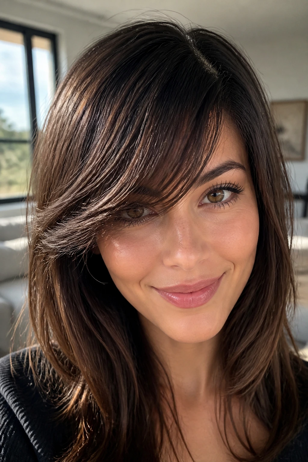 Close-up of a woman with feathered side bangs in window light