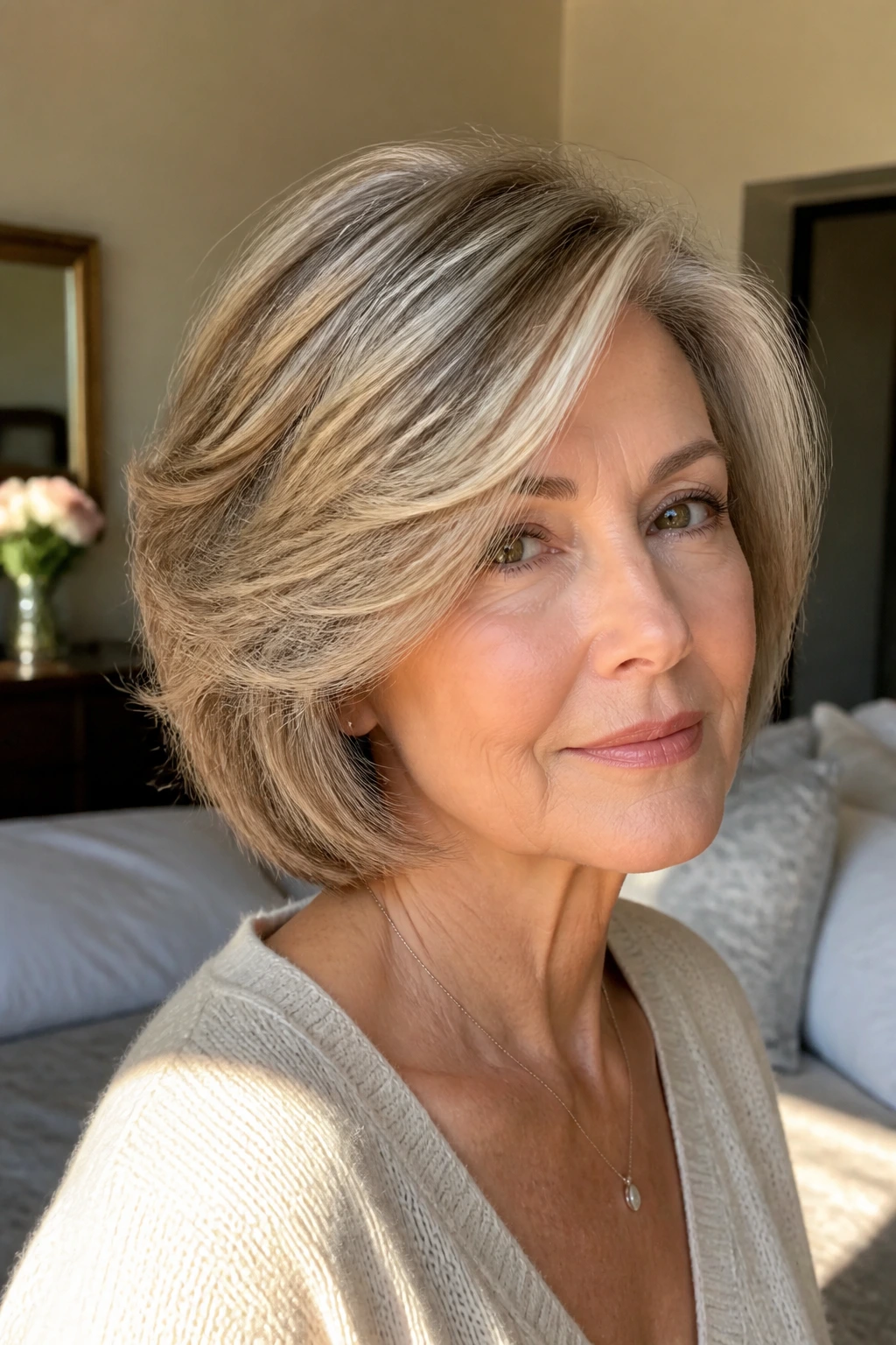 Portrait of a real woman with a feathered side-part bob in soft natural light.