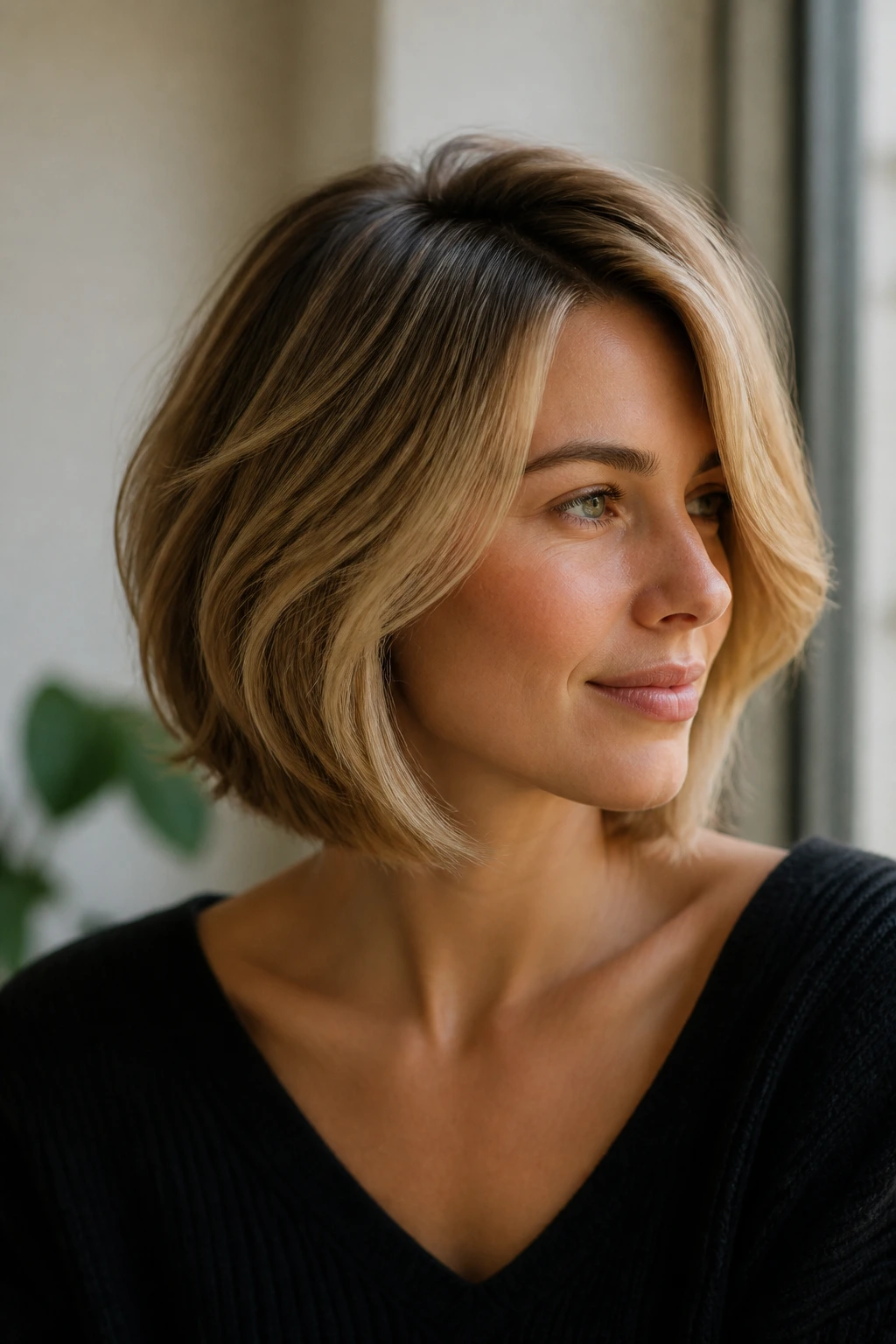 Portrait of a woman with feathered side-part bob
