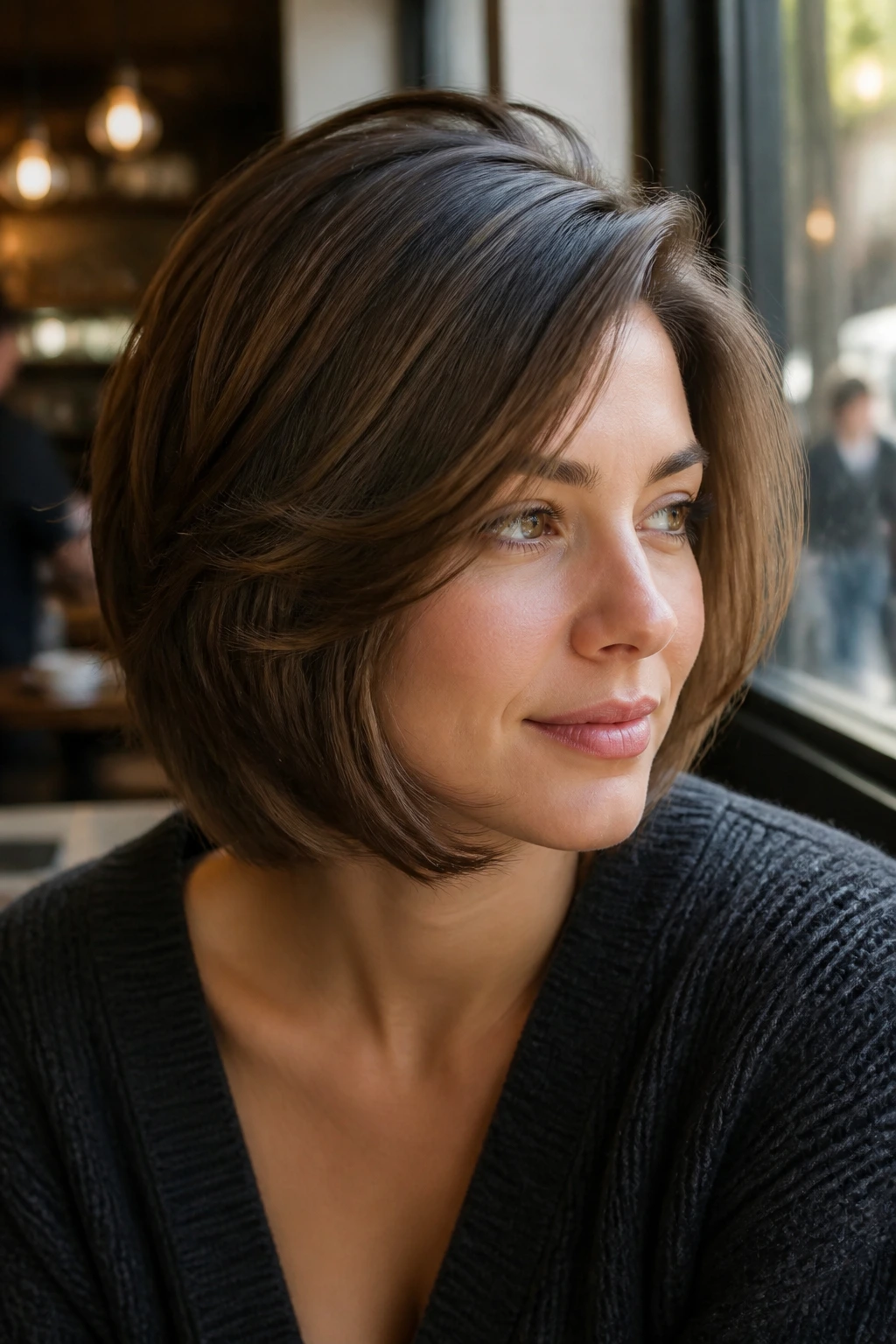 Portrait of a woman with a feathered side-part bob highlighting feathered ends