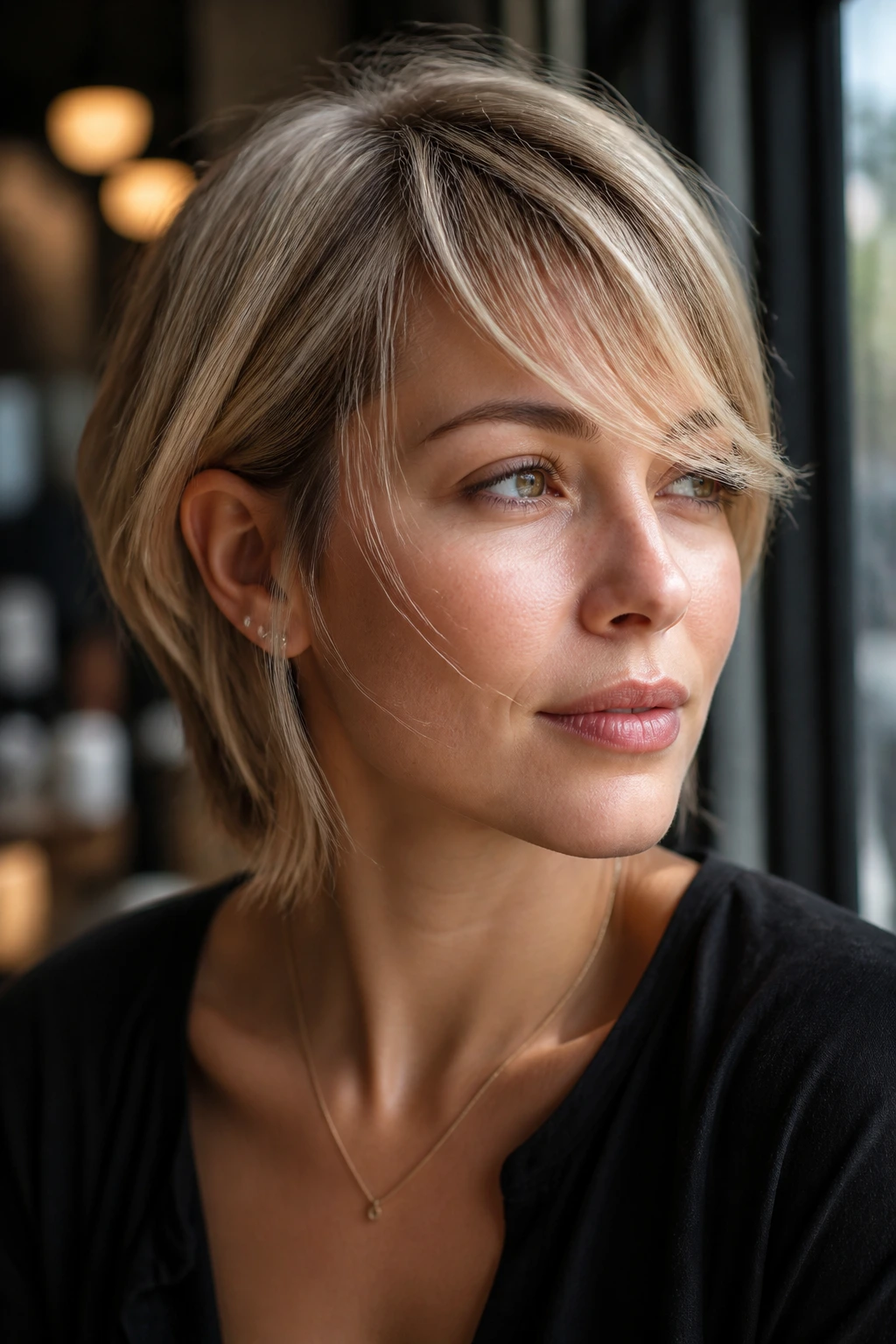 Portrait of a woman with feathered side swept bangs in a sunlit cafe setting.