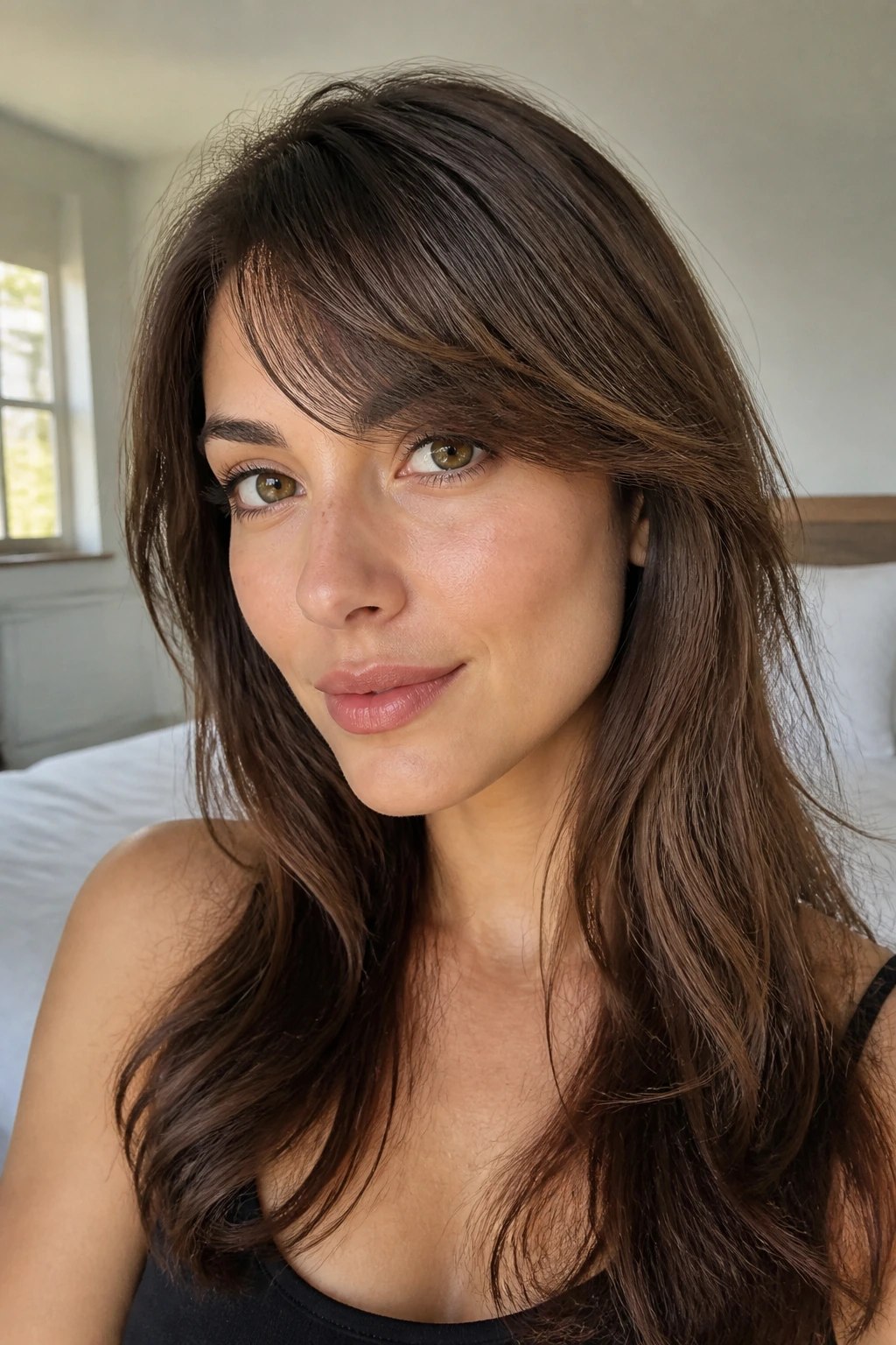 Close-up portrait of a woman with feathered side swept bangs